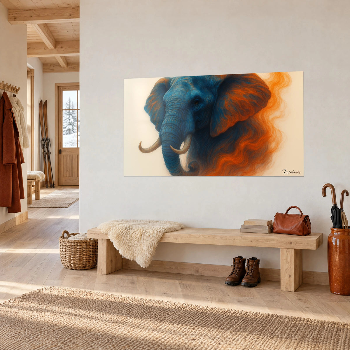 Cuadro retrato de elefante índigo, oreja moteada de cobre y humo naranja, colgado en la entrada de un chalet