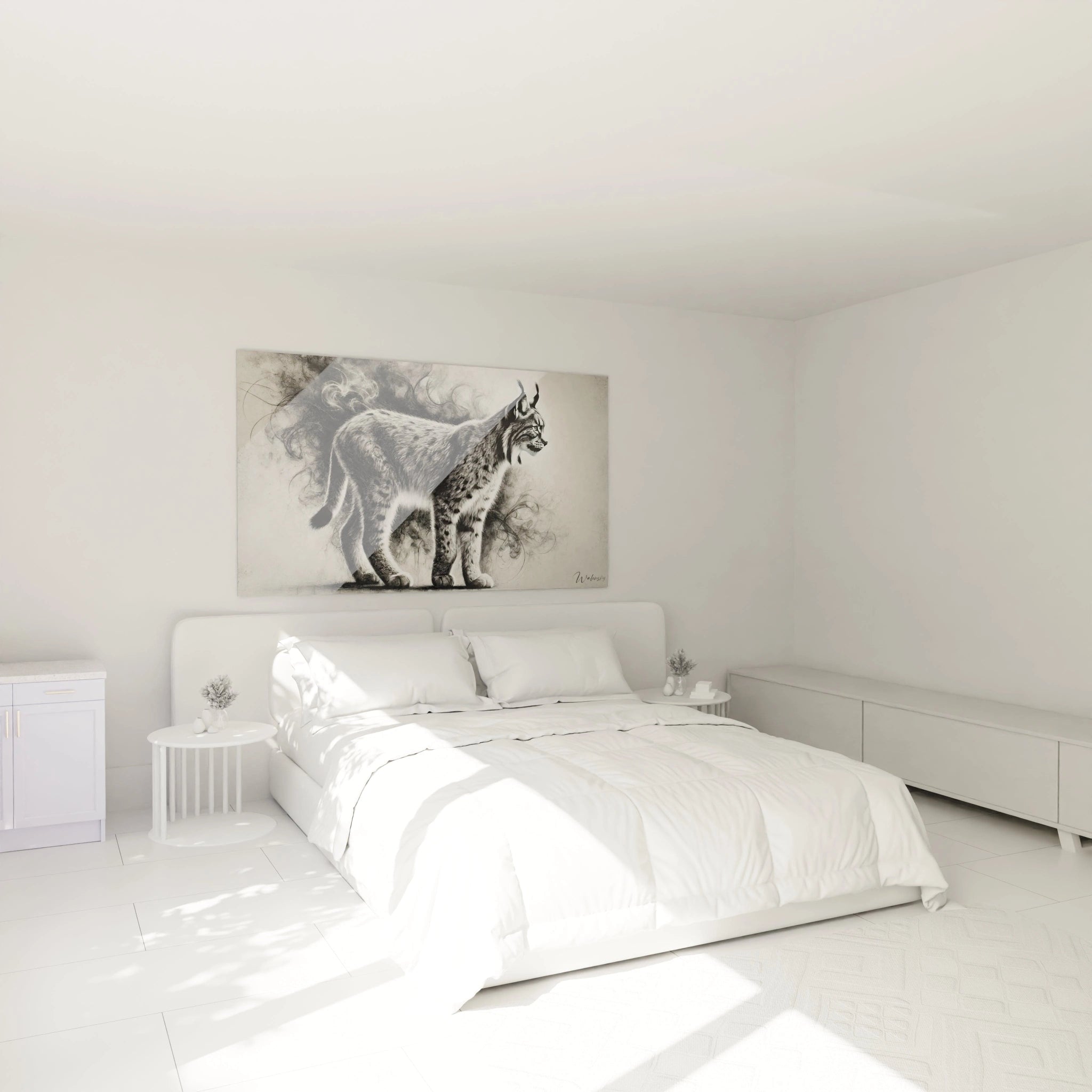 Le tableau lynx accroché au-dessus du lit apporte une touche sauvage à votre chambre. Son réalisme et sa palette monochrome créent une ambiance élégante. Un choix parfait pour une décoration inspirante.