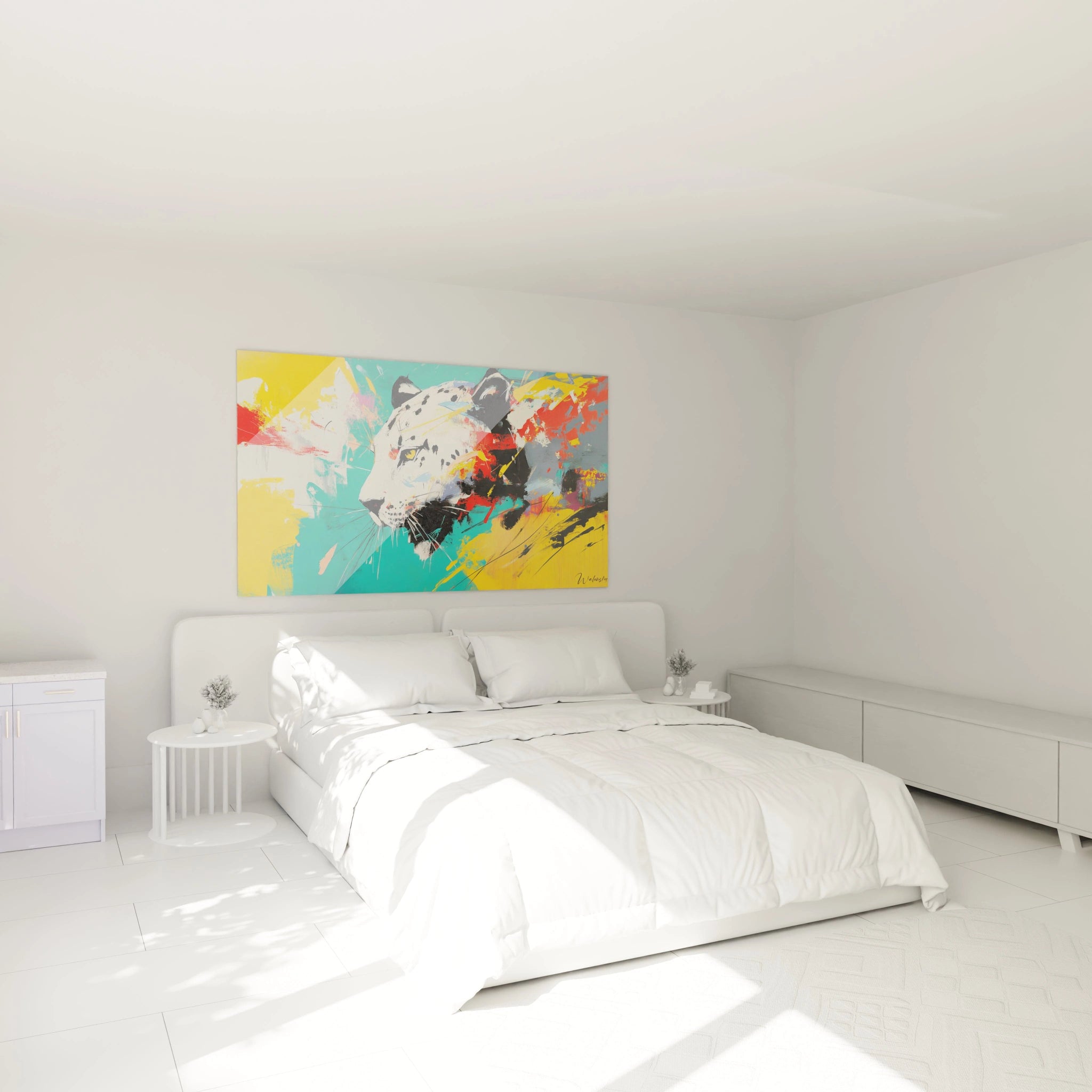 Vue d’un tableau artistique abstrait dans une chambre moderne, placé au-dessus d’un lit pour une touche vibrante.