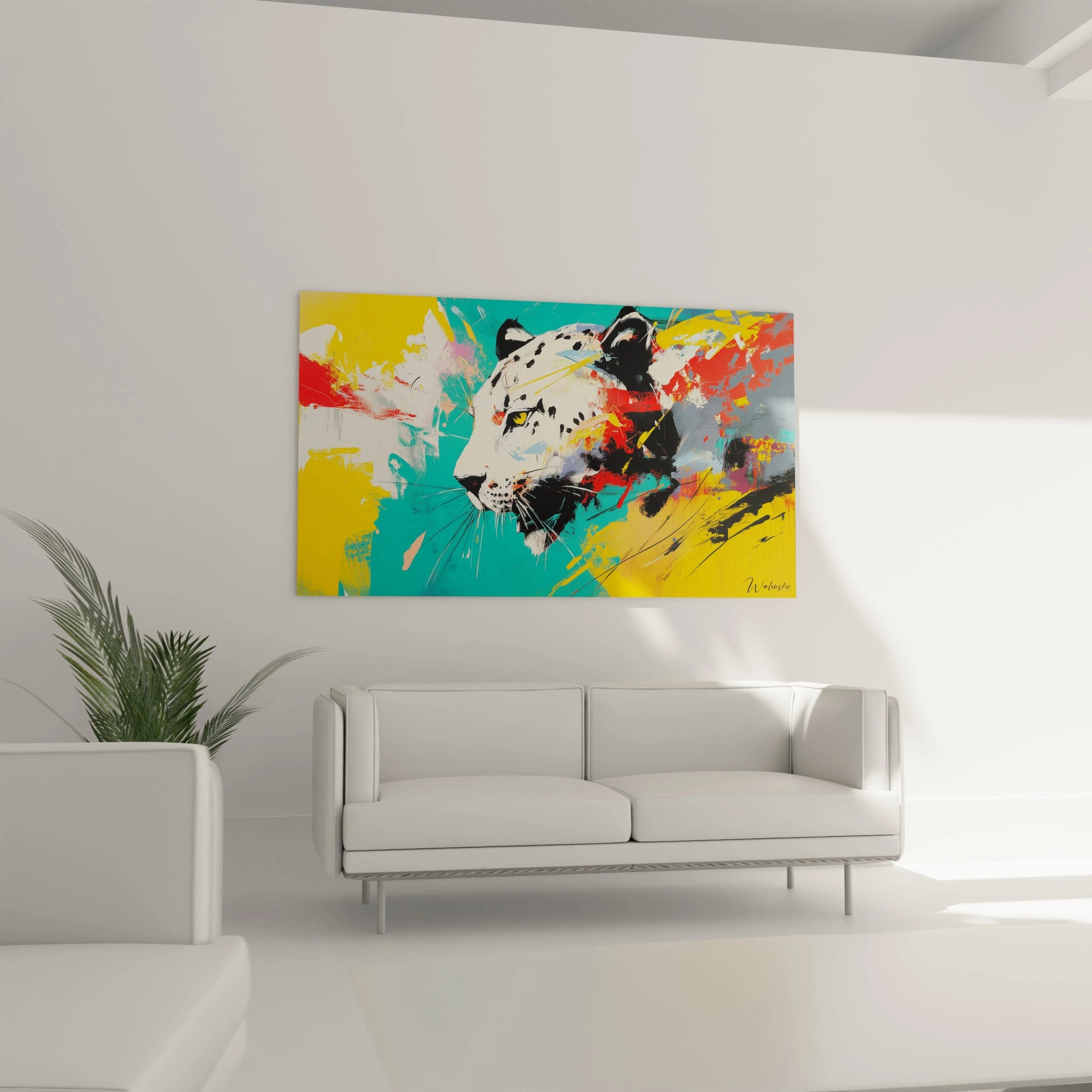 Un tableau abstrait de léopard suspendu dans un salon, mettant en valeur des textures dynamiques et des couleurs vives.
