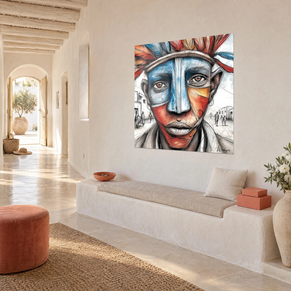 Cuadro rostro pintado en azul azur y naranja quemado, mirada marrón y plumas rojas, pared blanca de una casa mediterránea