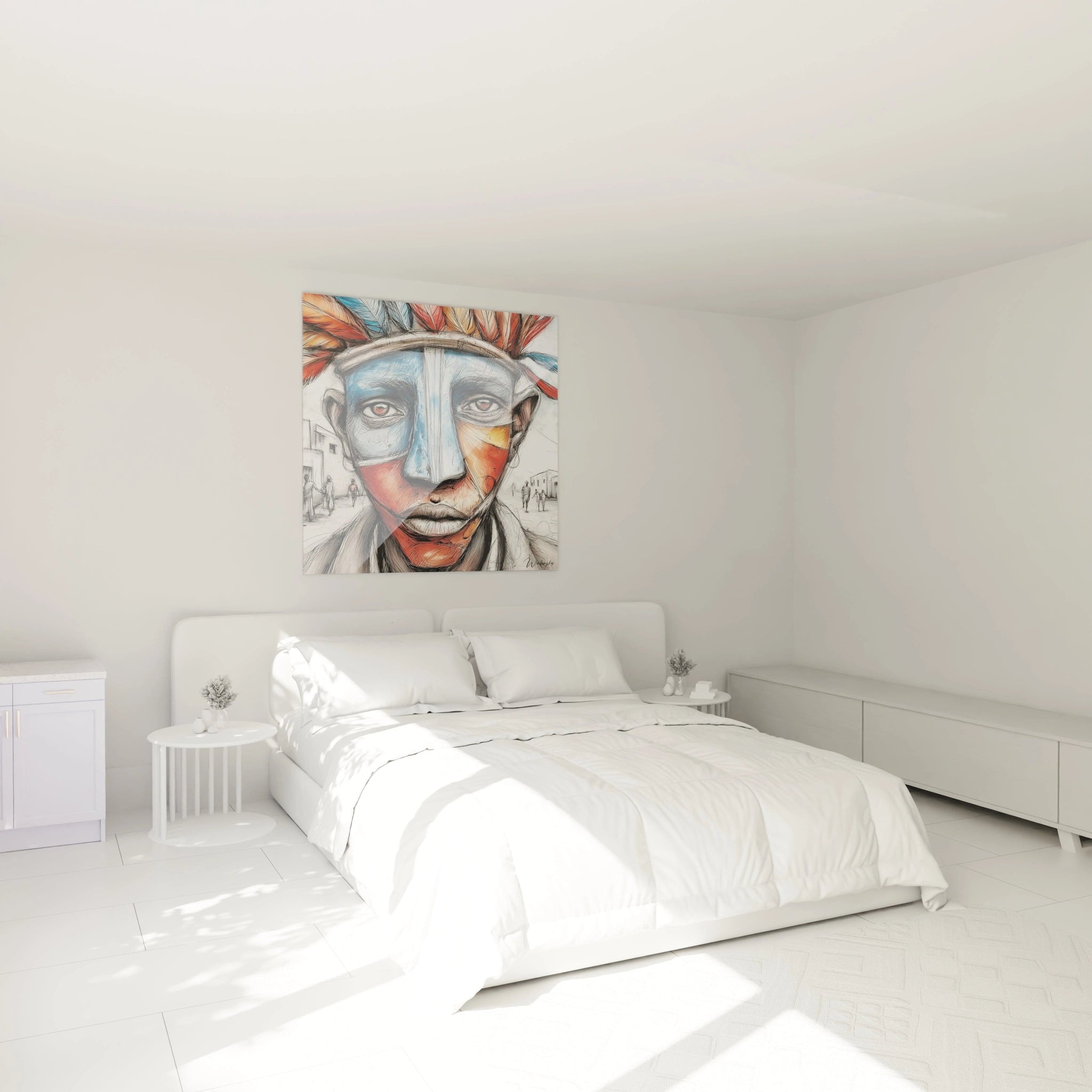 Tableau masque africain sur un mur dans une chambre moderne et lumineuse avec un lit blanc