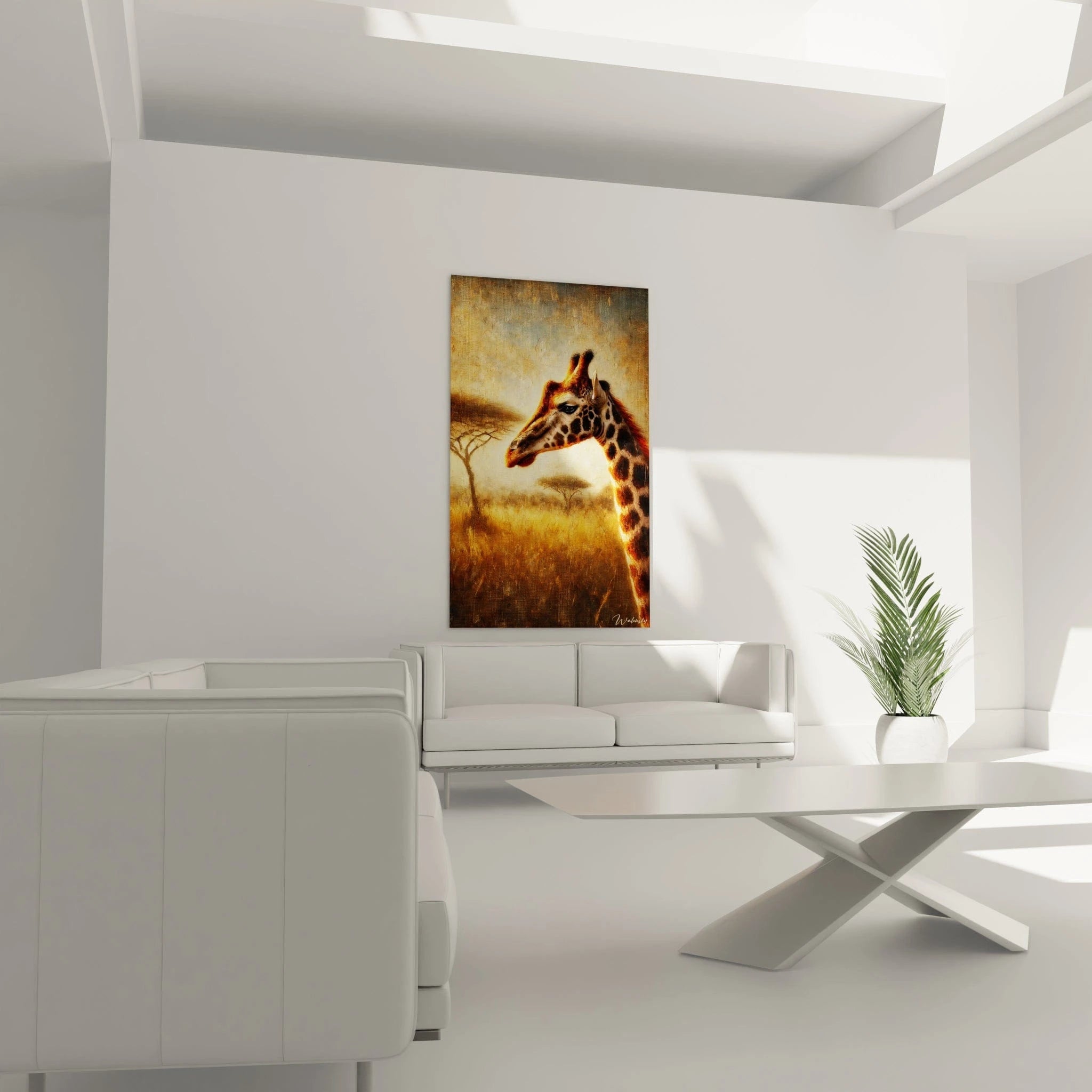 Tableau girafe au mur dâun salon cosy. PlacĂ© au-dessus dâun canapĂ©, il illumine lâespace avec des couleurs vibrantes et une ambiance chaleureuse, rappelant la lumiĂšre de la savane.