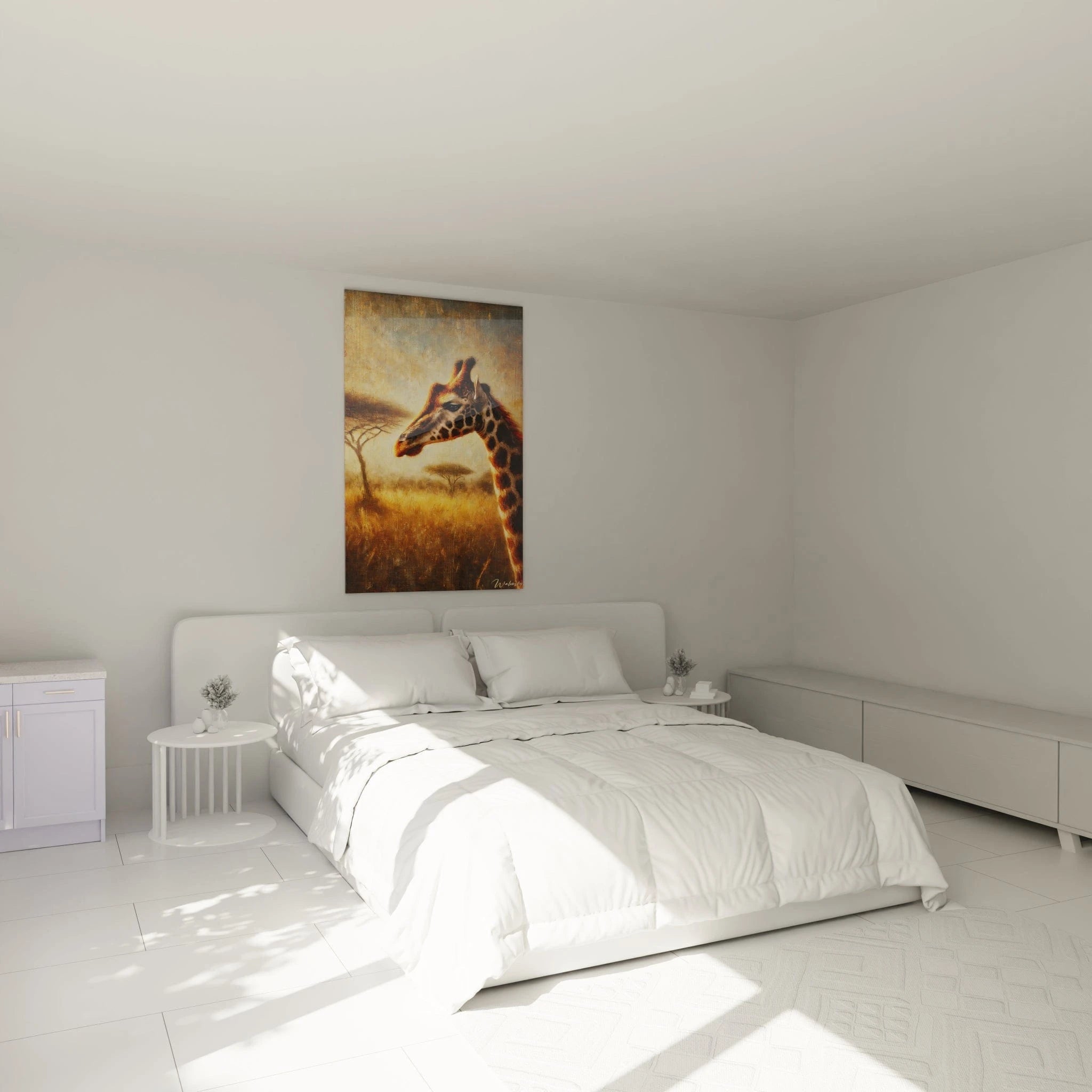 Tableau girafe accrochĂ© au mur dâune chambre minimaliste. Au-dessus dâun lit, il Ă©voque la sĂ©rĂ©nitĂ© et le calme des vastes Ă©tendues africaines grĂące Ă ses teintes dorĂ©es et marron.
