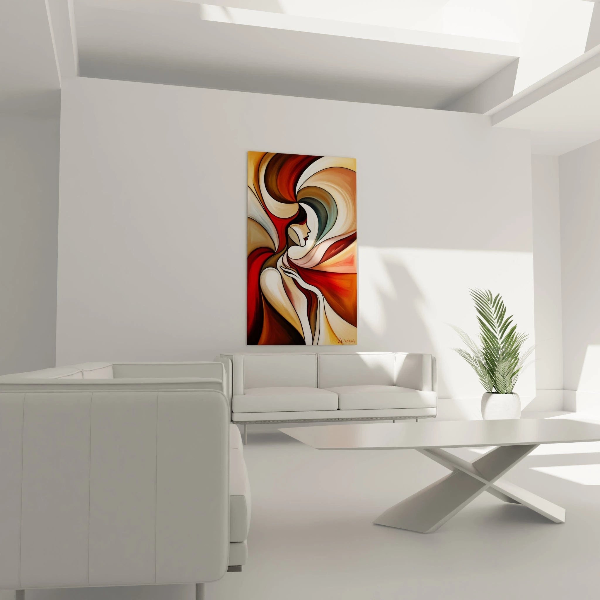 Tableau abstrait où un visage de femme émerge parmi des formes ondulantes. La palette chromatique comprend des rouges profonds, blancs ivoire, beiges et bruns aux finitions lisses, créant un effet de mouvement continu par des lignes courbes concentriques.