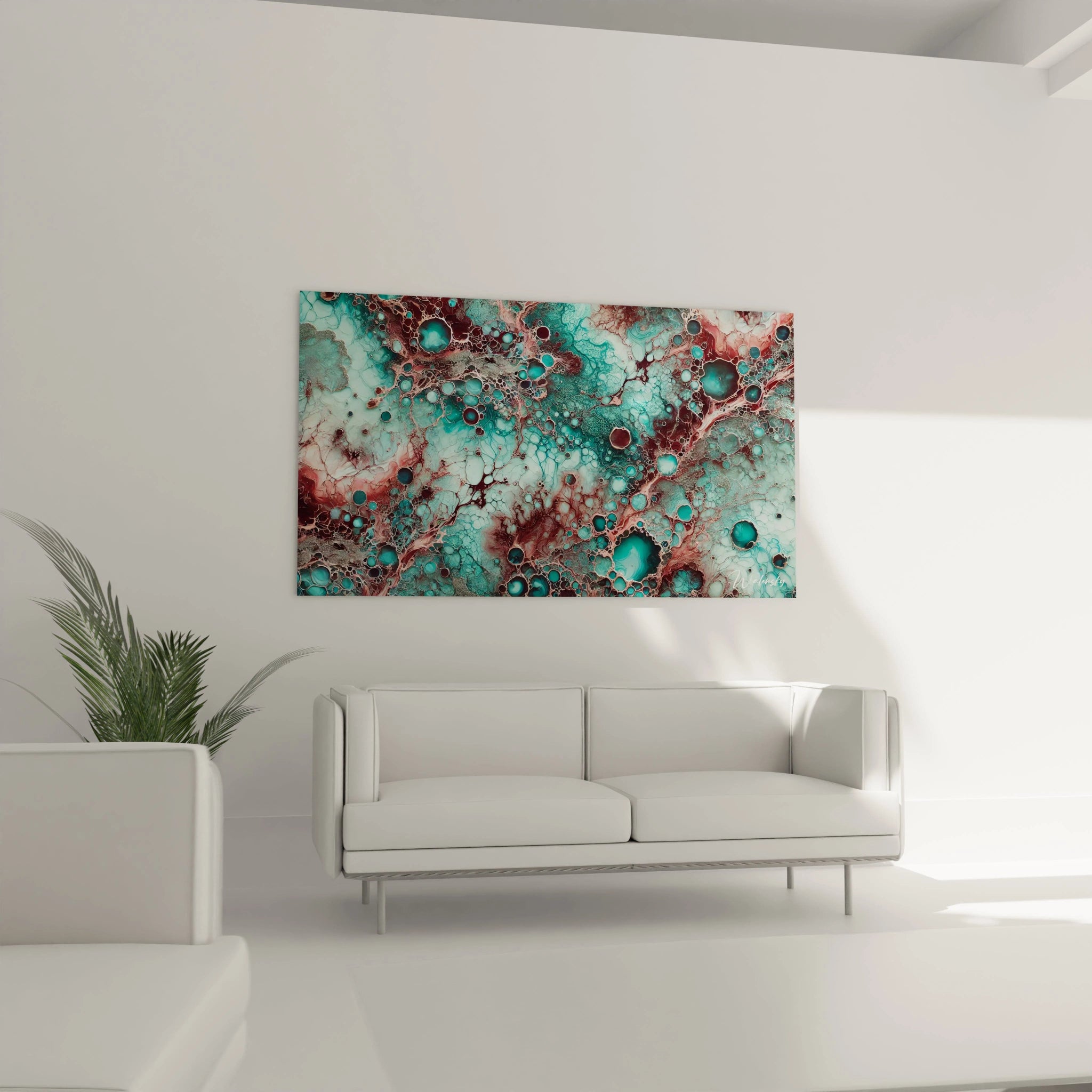 Dans le salon, ce tableau style epoxy sur le mur au-dessus du canapé apporte une atmosphère lumineuse et apaisante grâce à ses couleurs contrastées et sa texture organique.