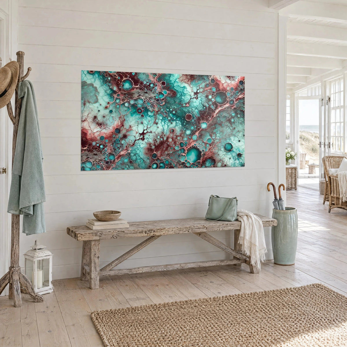 Wall art with organic marbling, water-green and garnet cells, three-quarter view on a white paneled wall
