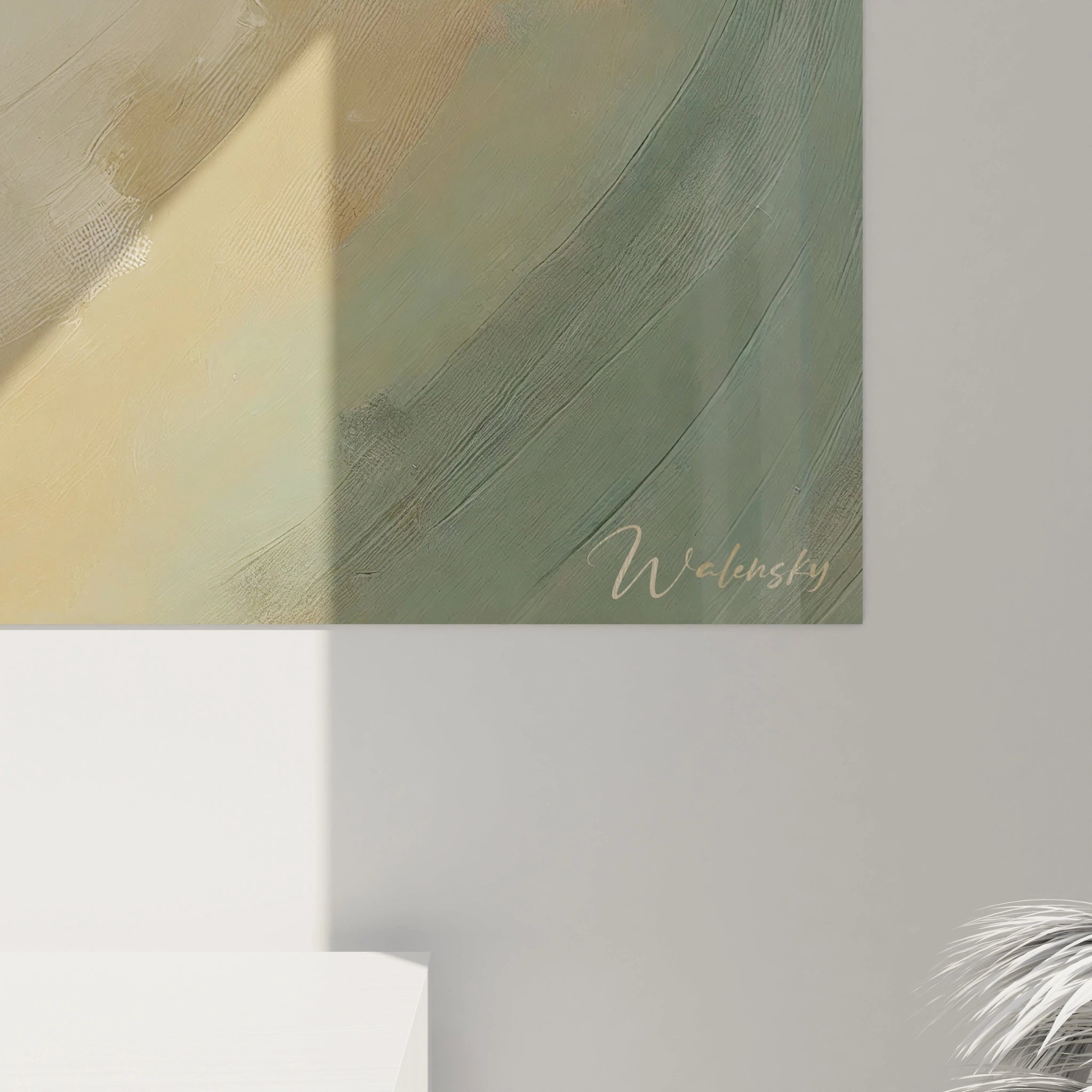 Vue rapprochée du Tableau Arbre montrant les nuances naturelles et l'abstraction des feuilles dansantes. Une composition qui mêle harmonie et sérénité pour un style épuré.