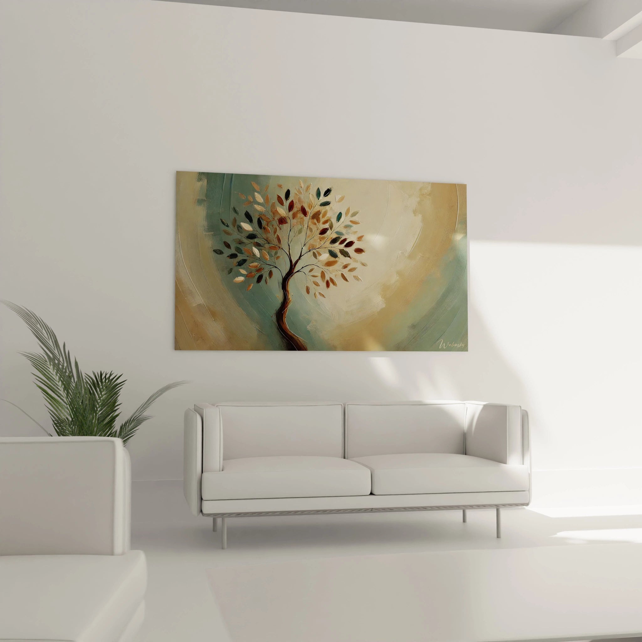 Tableau Arbre suspendu au-dessus d'un canapé dans le salon. Ce chef-d'œuvre abstrait apporte une atmosphère élégante et chaleureuse, parfait pour un espace de détente raffiné.