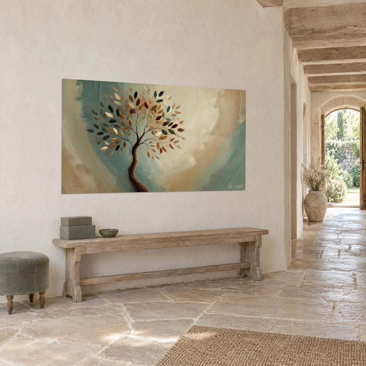 Wall art rust and petrol blue foliage on a cream background, twisted brown trunk, seen three-quarter view above a wooden bench, stone hallway