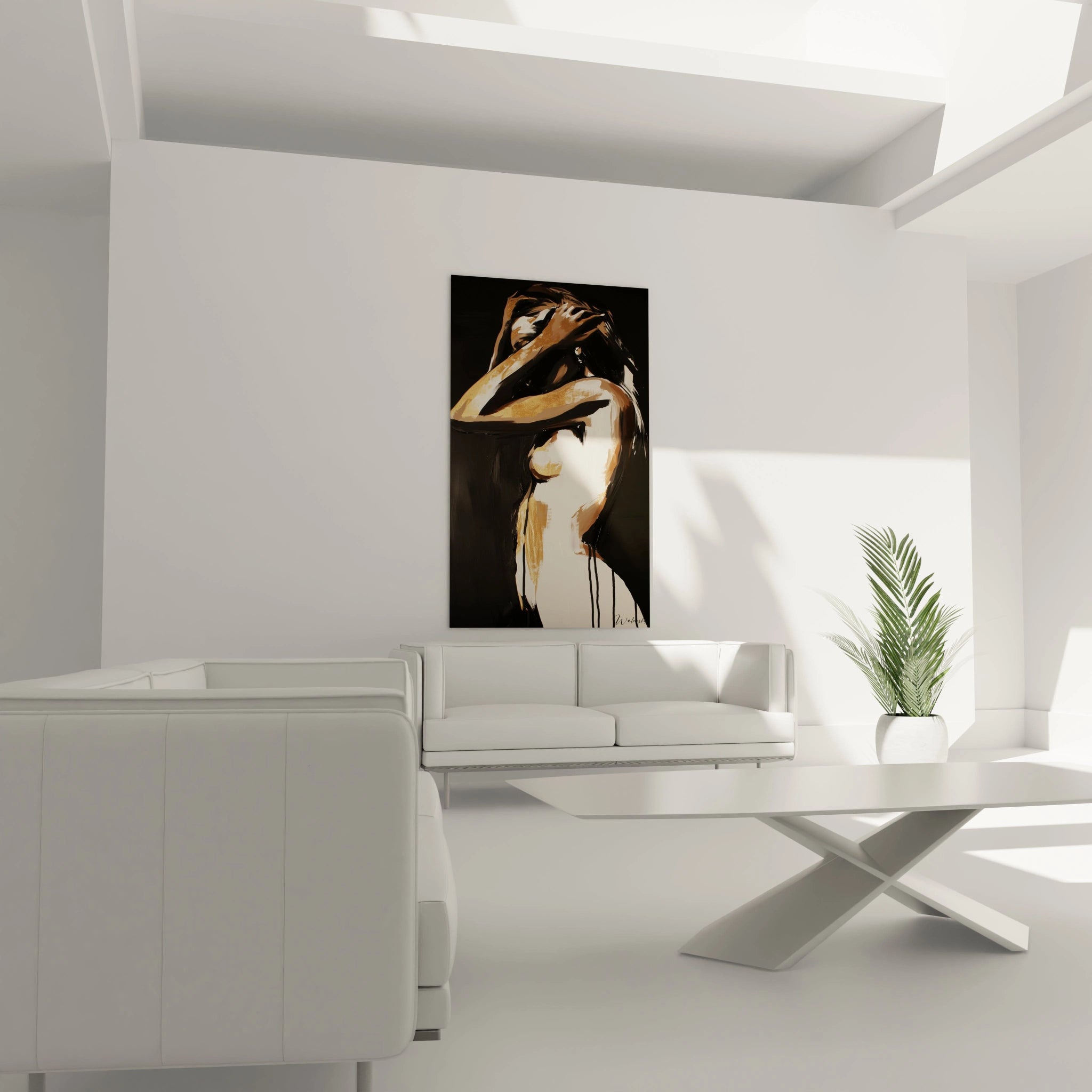 Tableau sensuelle abstrait présentant une figure féminine en noir et or, avec des effets de lumière et des transitions douces entre les zones sombres et claires.