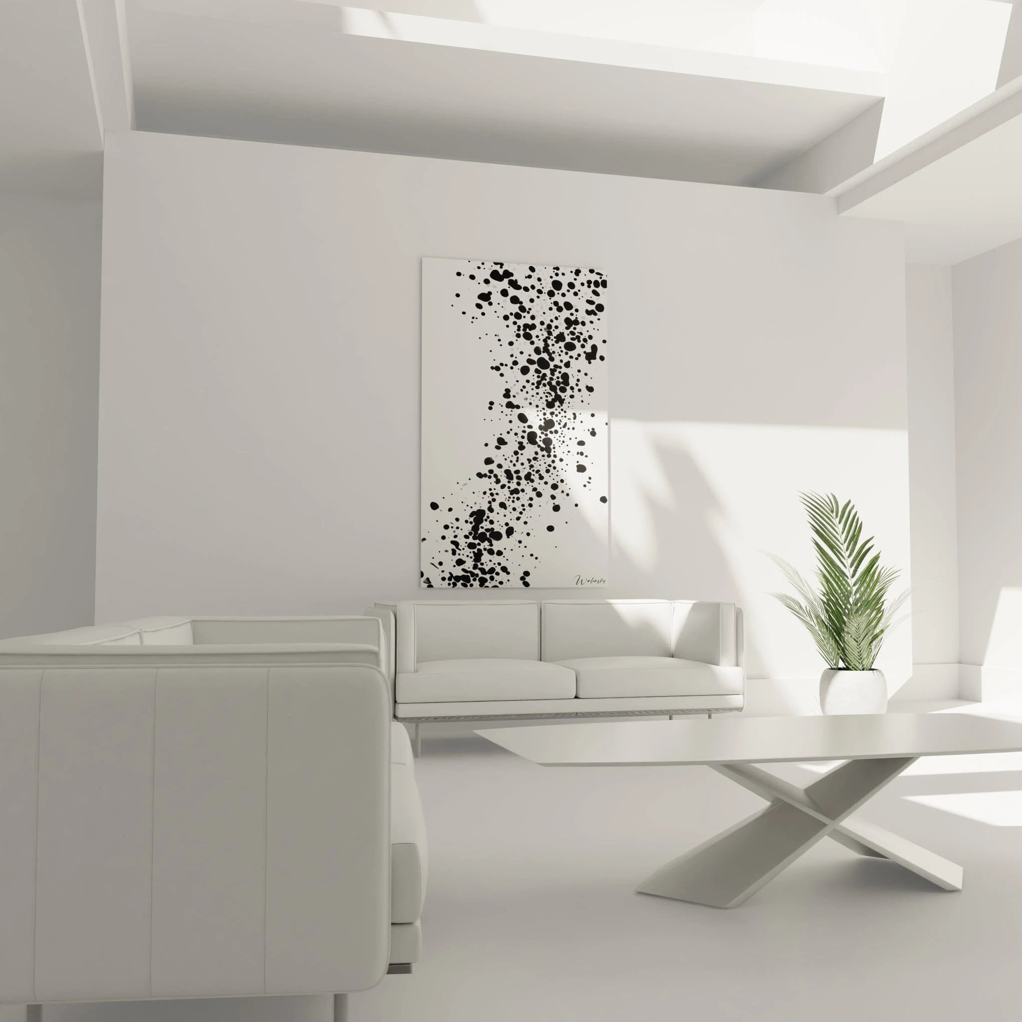 Tableau tacheté noir et blanc de Walensky, ajouté à un salon moderne avec canapé et décoration épurée