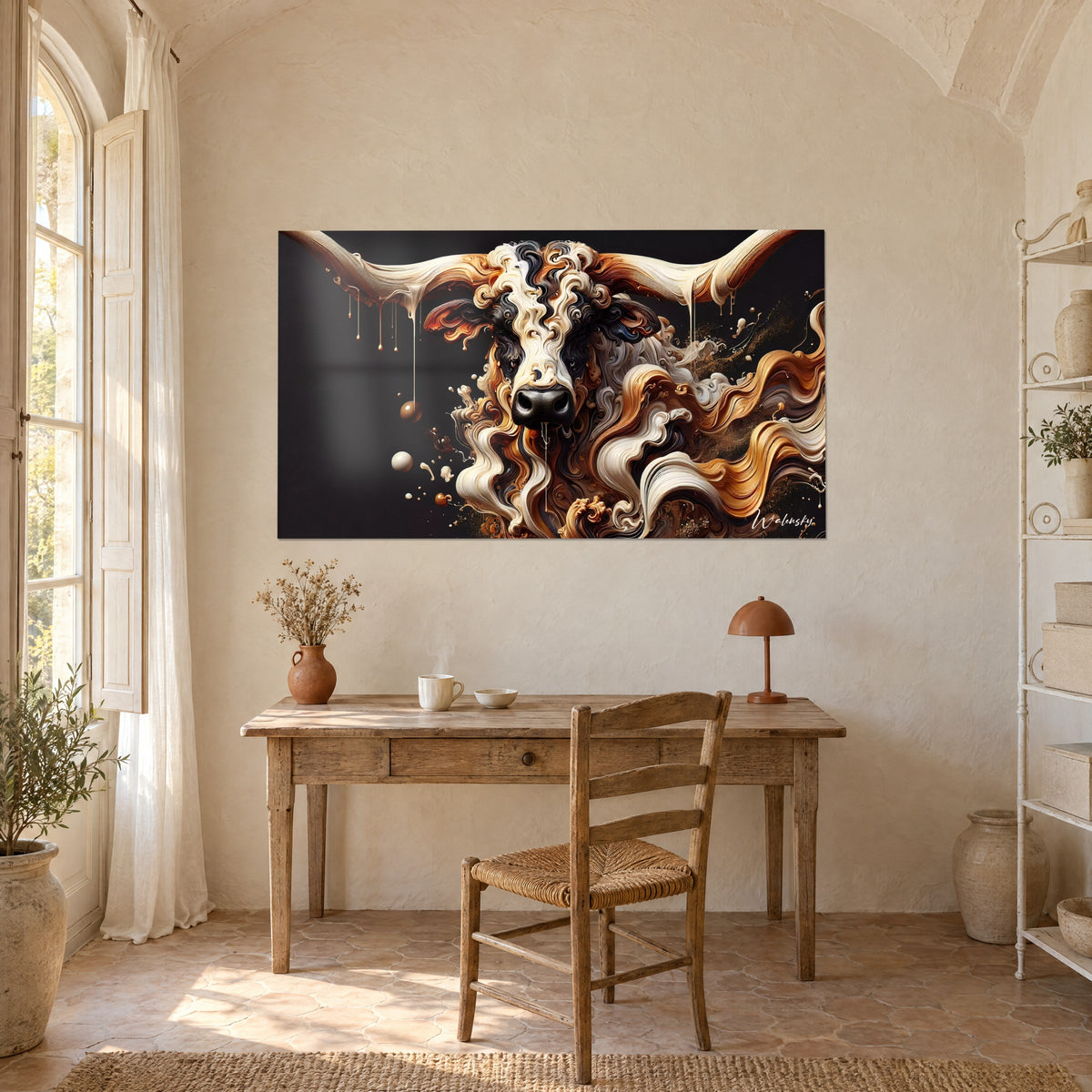 Schilderij van een glanzende zwarte snuit tussen karamelkleurige hoorns, golvende witte strepen op een ebbenhouten achtergrond, boven een bureau van licht hout