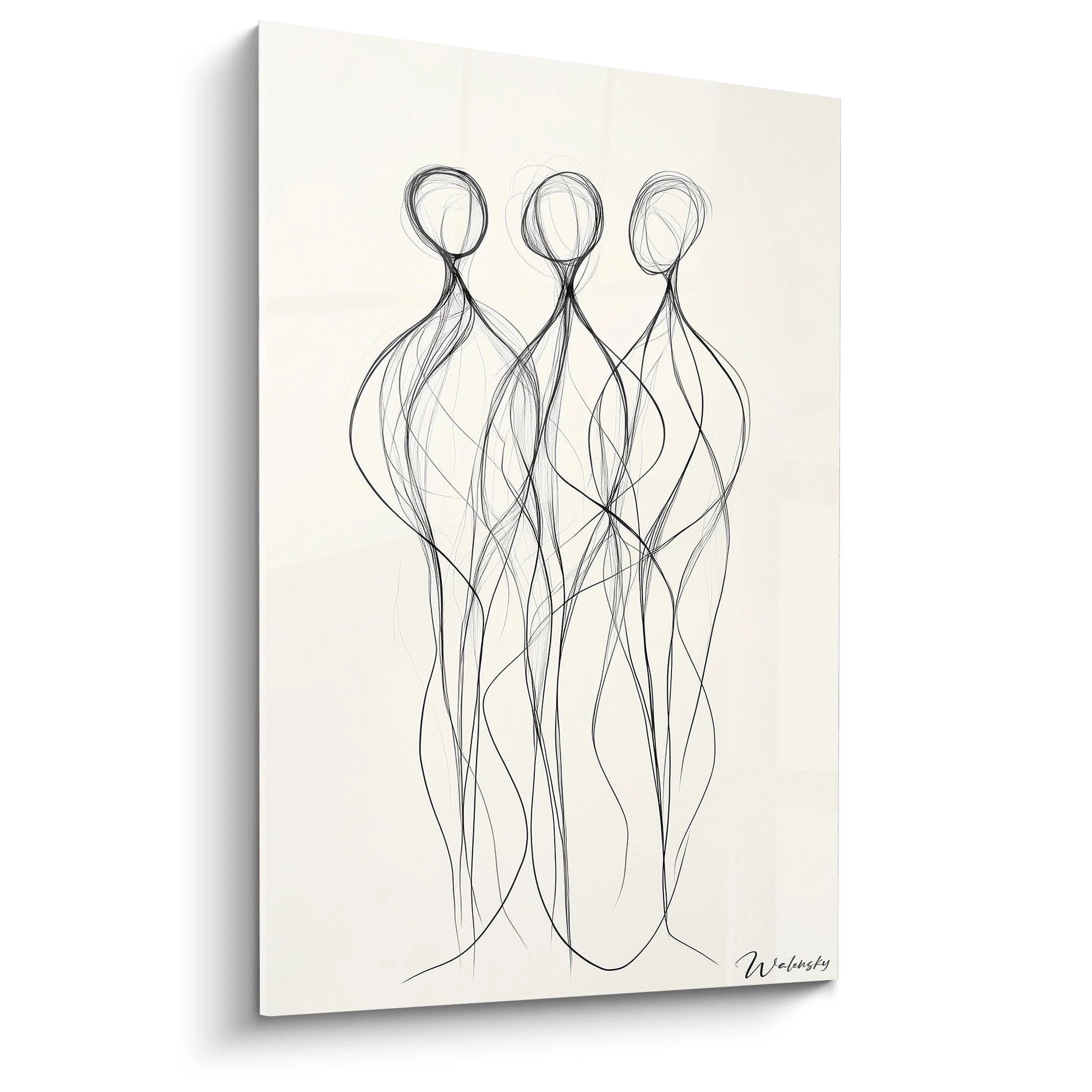 Un tableau figuratif abstrait illustrant trois silhouettes minimalistes en lignes noires sur un fond beige clair, avec des courbes fluides et des textures lisses.