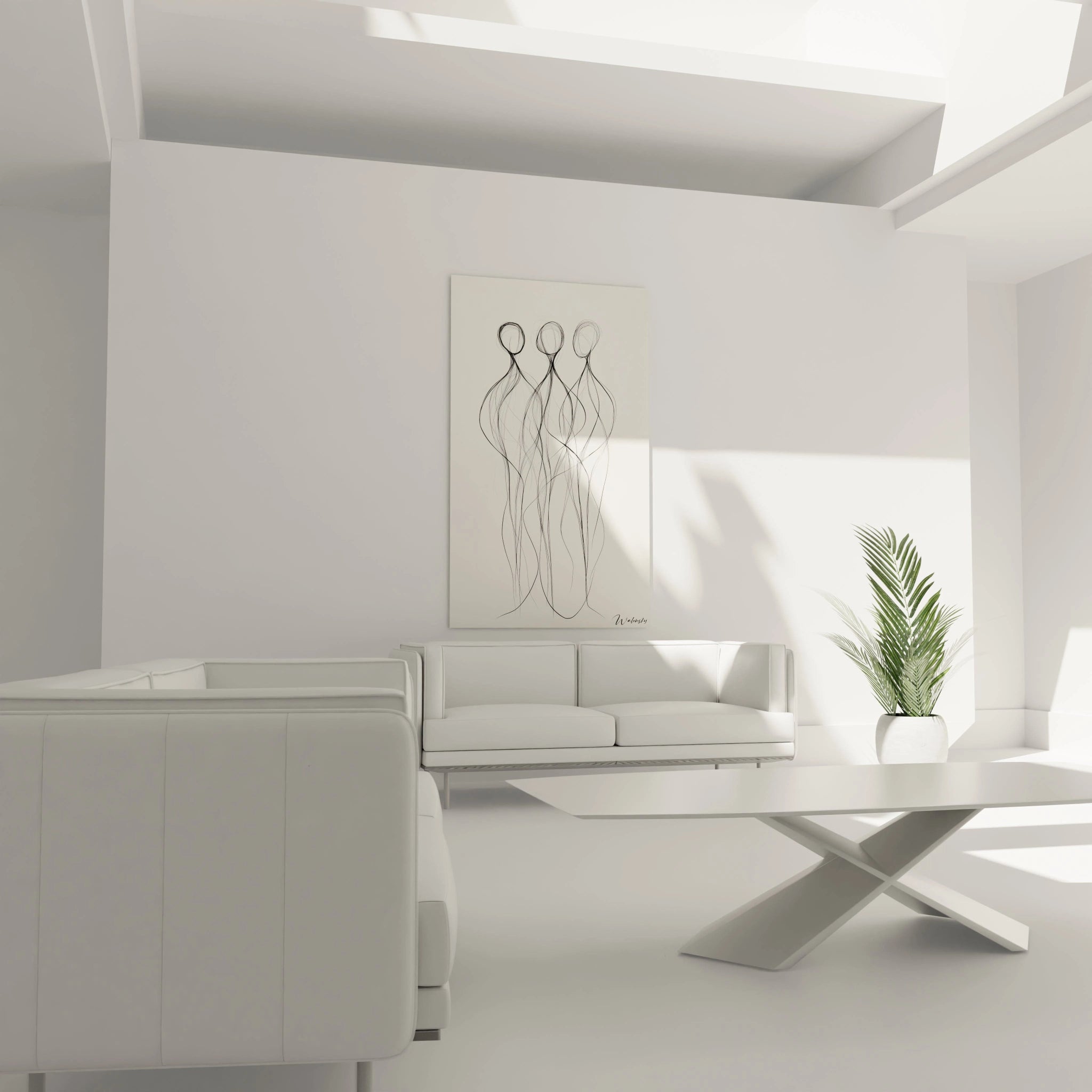 Un tableau figuratif abstrait représentant trois formes humaines esquissées avec des lignes noires fines et un fond beige neutre et uniforme.