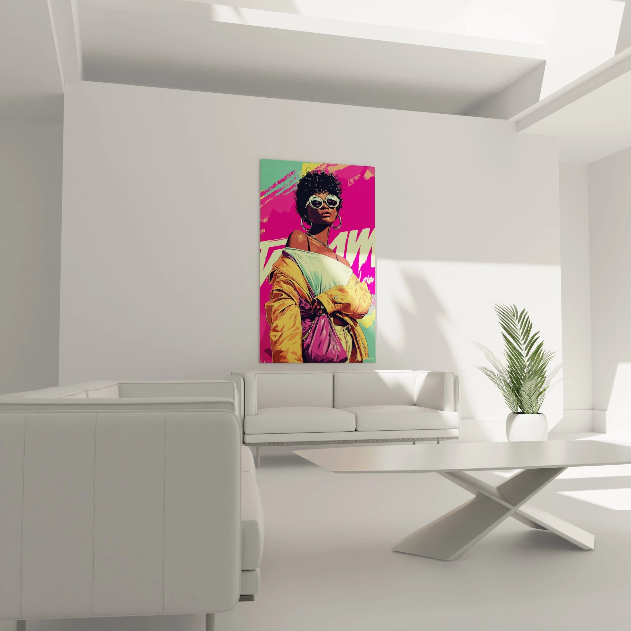 Tableau mural esthétique années 80 avec une femme portant des lunettes de soleil dans un intérieur moderne