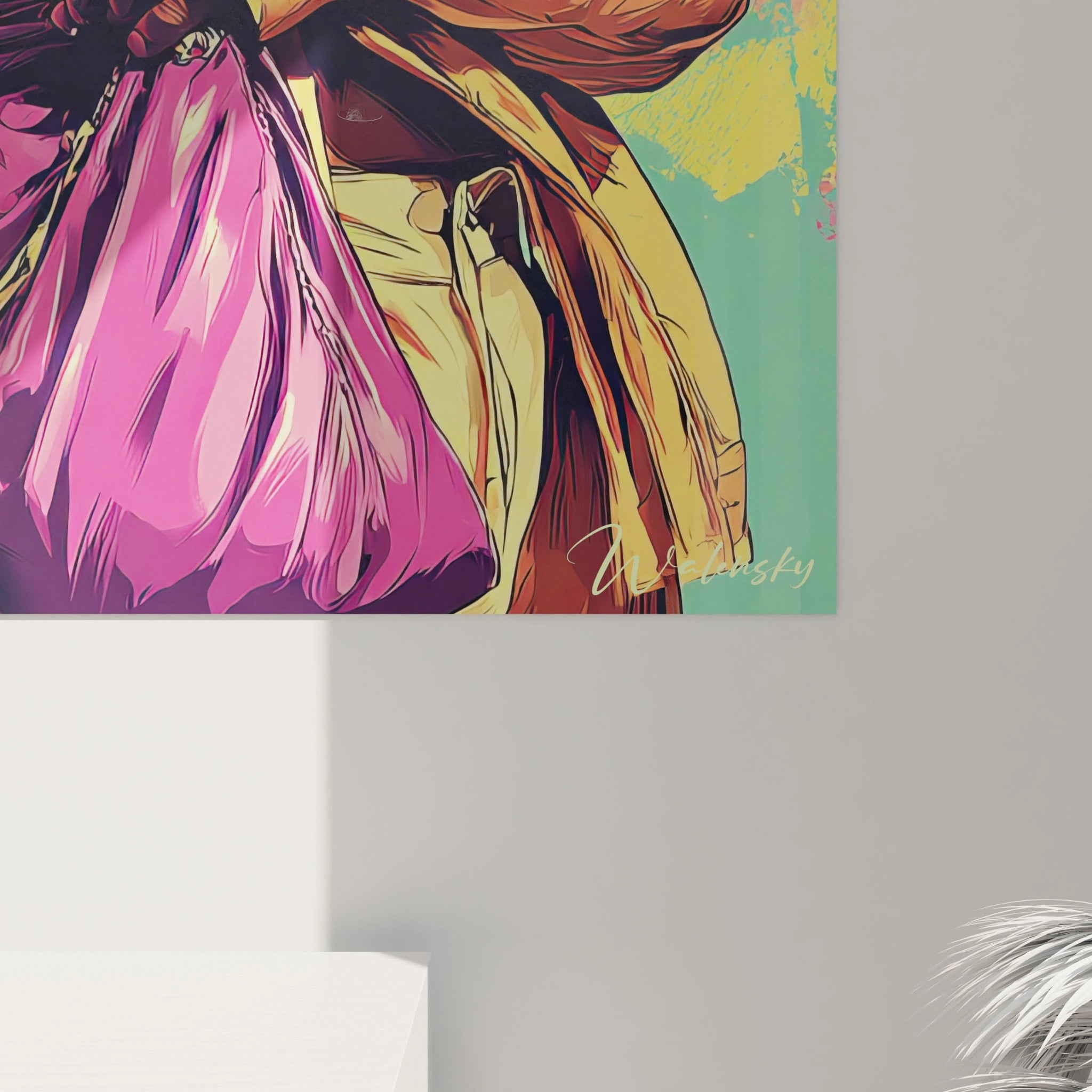 Tableau esthétique années 80 de Walensky représentant un sac à main rose vif sur un fond coloré