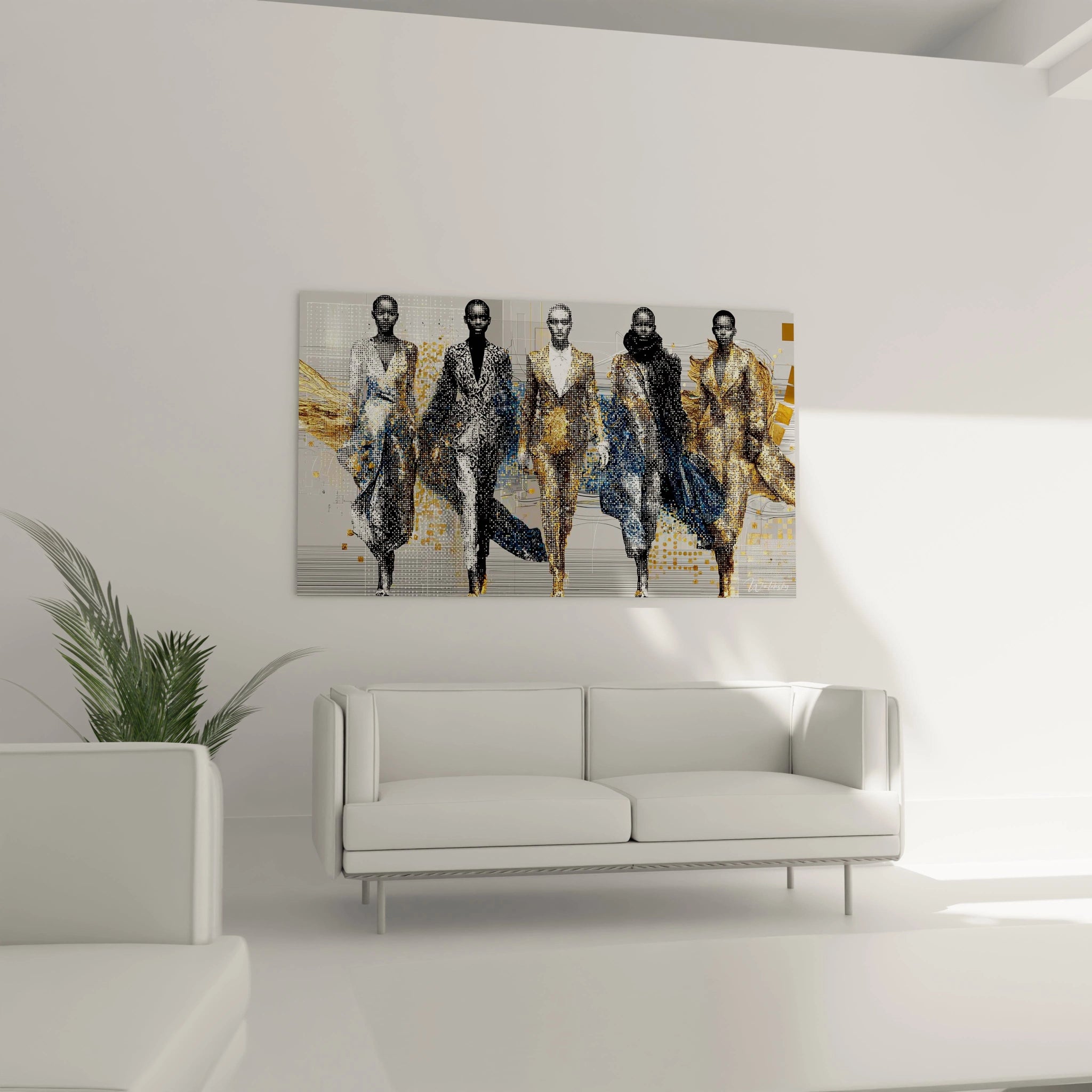 Tableau esthétique moderne haute couture représentant des mannequins en tenue élégante dans un salon contemporain