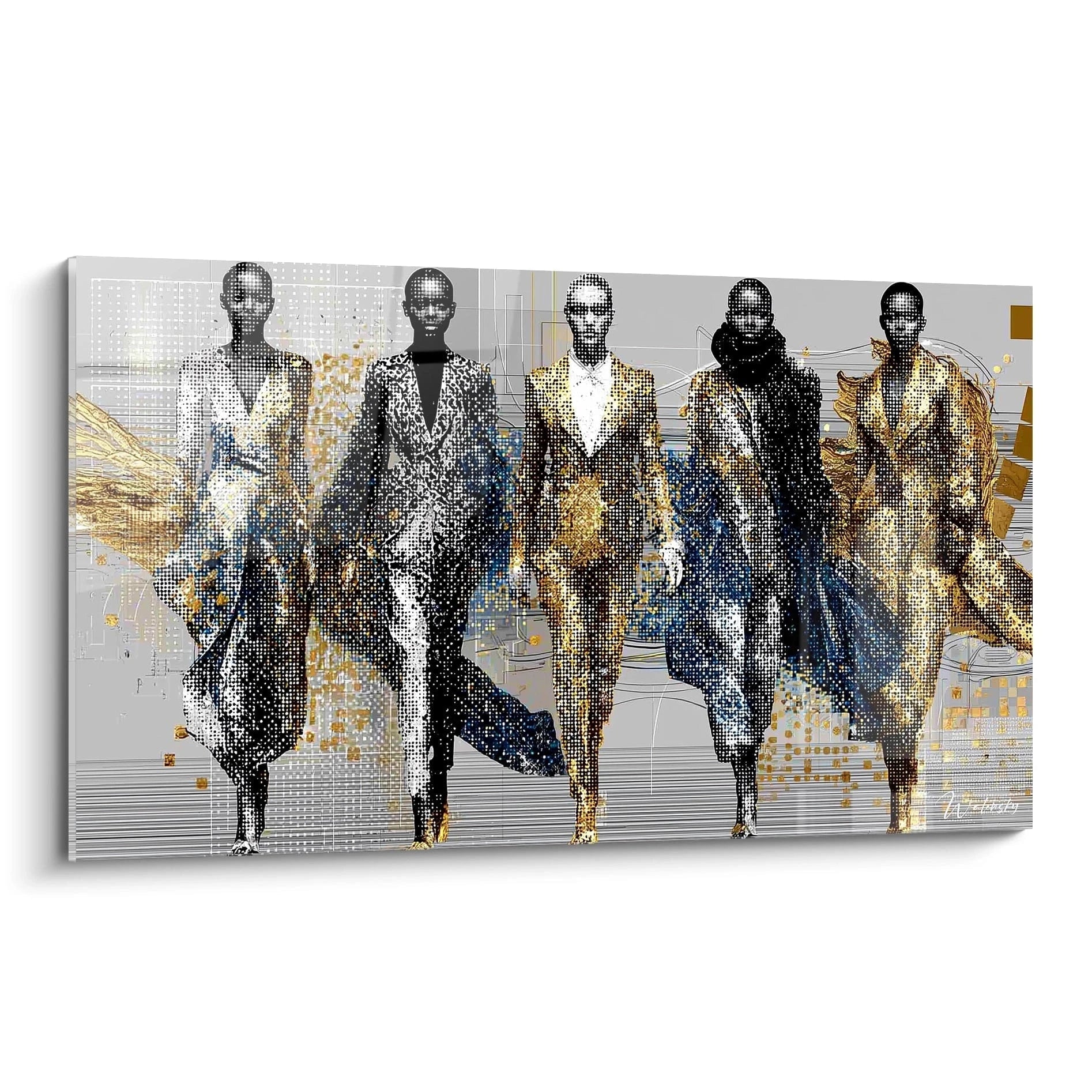 Tableau esthétique moderne haute couture représentant des mannequins en robes élégantes sur fond graphique