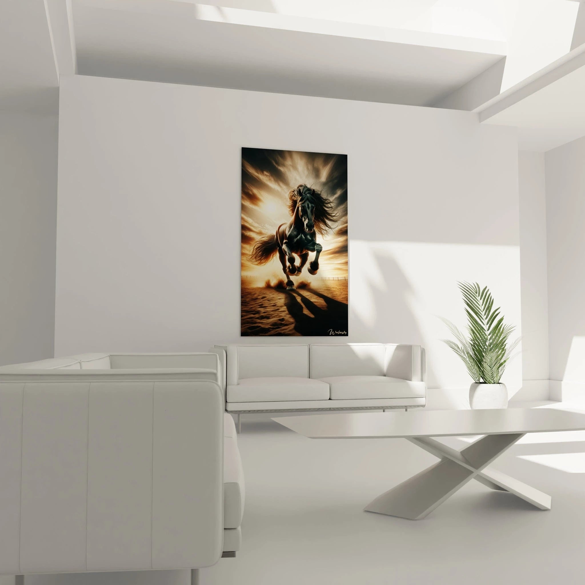 Un tableau d'animal montrant un cheval noir lancé au galop vers l'avant avec une crinière et une queue ondulantes. La texture du sable soulevé par les sabots crée un effet dynamique, tandis que la lumière dorée du soleil illumine le contour de l'animal et le ciel nuageux. Une clôture est visible en arrière-plan.