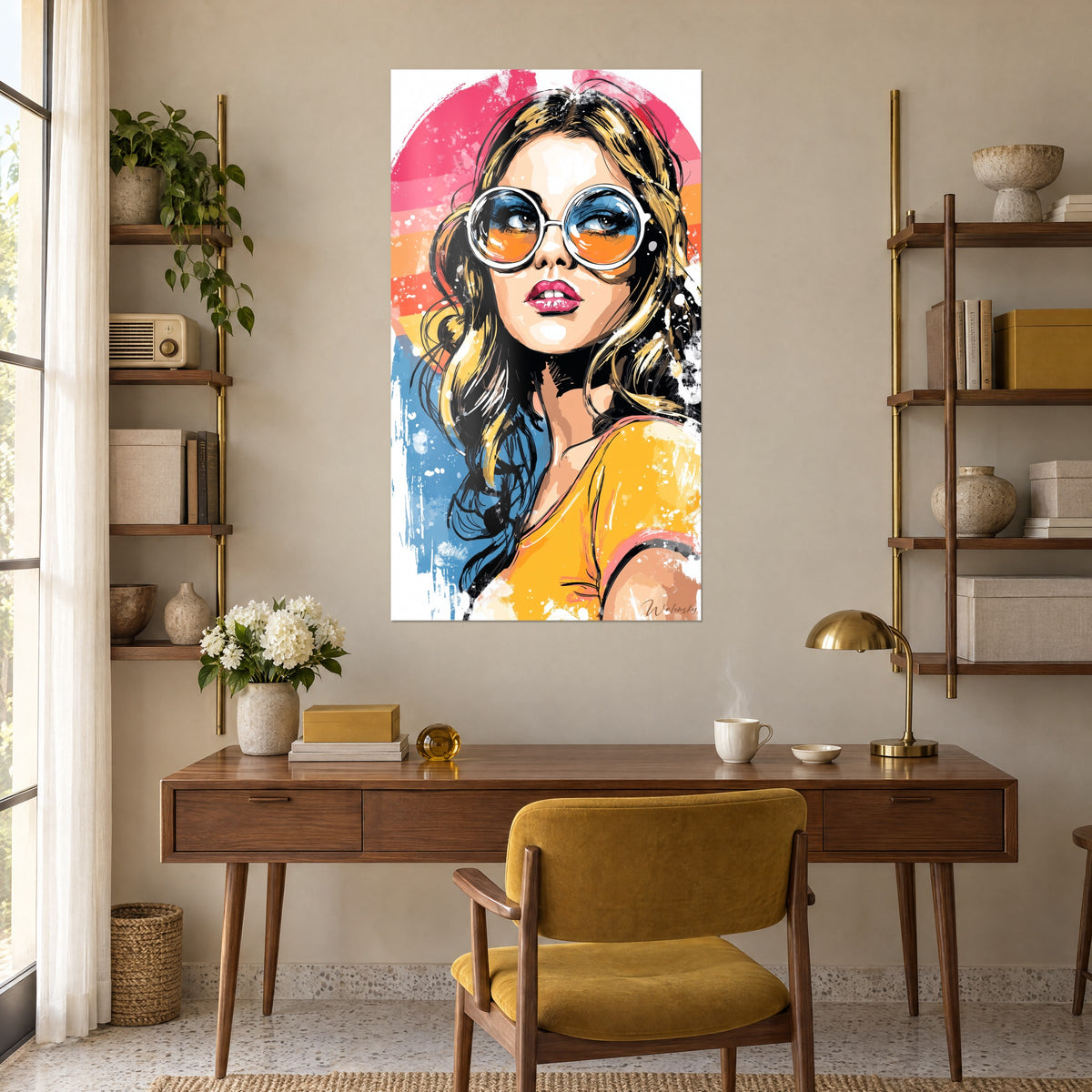 Πίνακας ηλιόλουστο pin-up με βλέμμα προς τα πάνω, κεχριμπαρένια γυαλιά, μαύρες και ξανθές ελιγμένες τούφες, μπλε και κοραλλί φόντο, πάνω από ξύλινο γραφείο