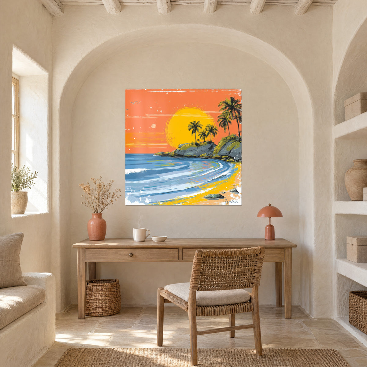 Cuadro laguna dorada, astro amarillo radiante, cielo coral y olas azules, encima de una consola de madera en un despacho