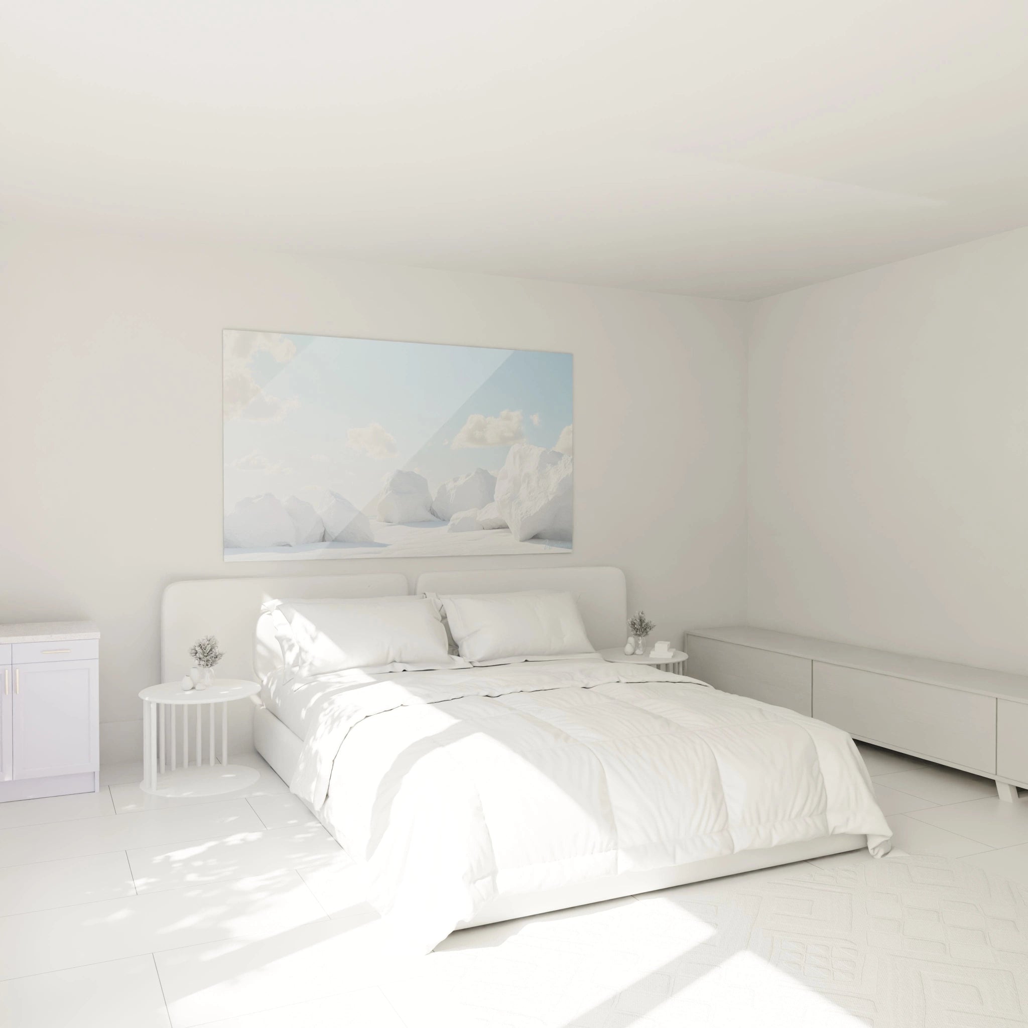 Un tableau paysage polaire montrant d'imposants blocs de glace aux formes géométriques naturelles, baignés de lumière sur un fond blanc immaculé, contrastant avec l'azur du ciel et offrant une composition épurée aux textures cristallines.