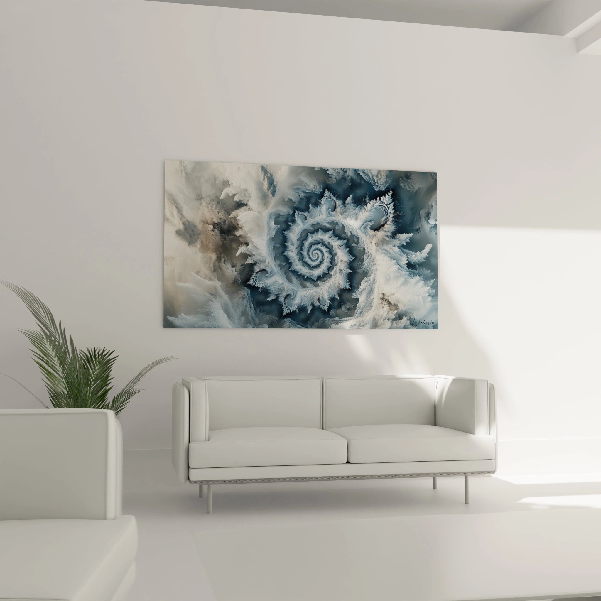 Un tableau abstrait spirale composé de structures cristallines blanches formant un tourbillon fractal sur fond bleu marine. Les textures givrées et les transitions vaporeuses créent une profondeur visuelle saisissante.