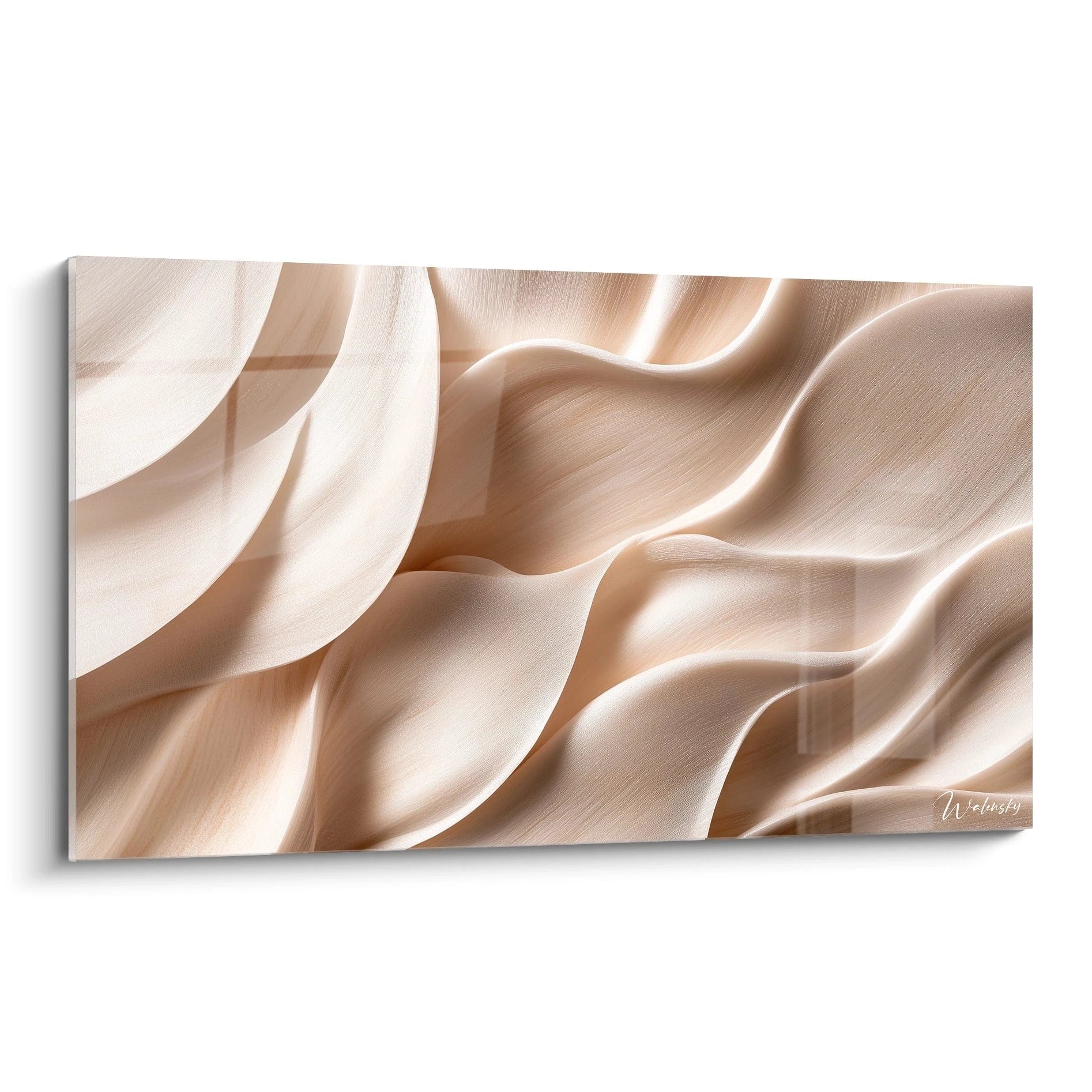 Un tableau texturé abstrait présentant des courbes fluides et superposées, dans des tons beige clair et blanc satiné, avec des effets visuels lisses et ondulés.