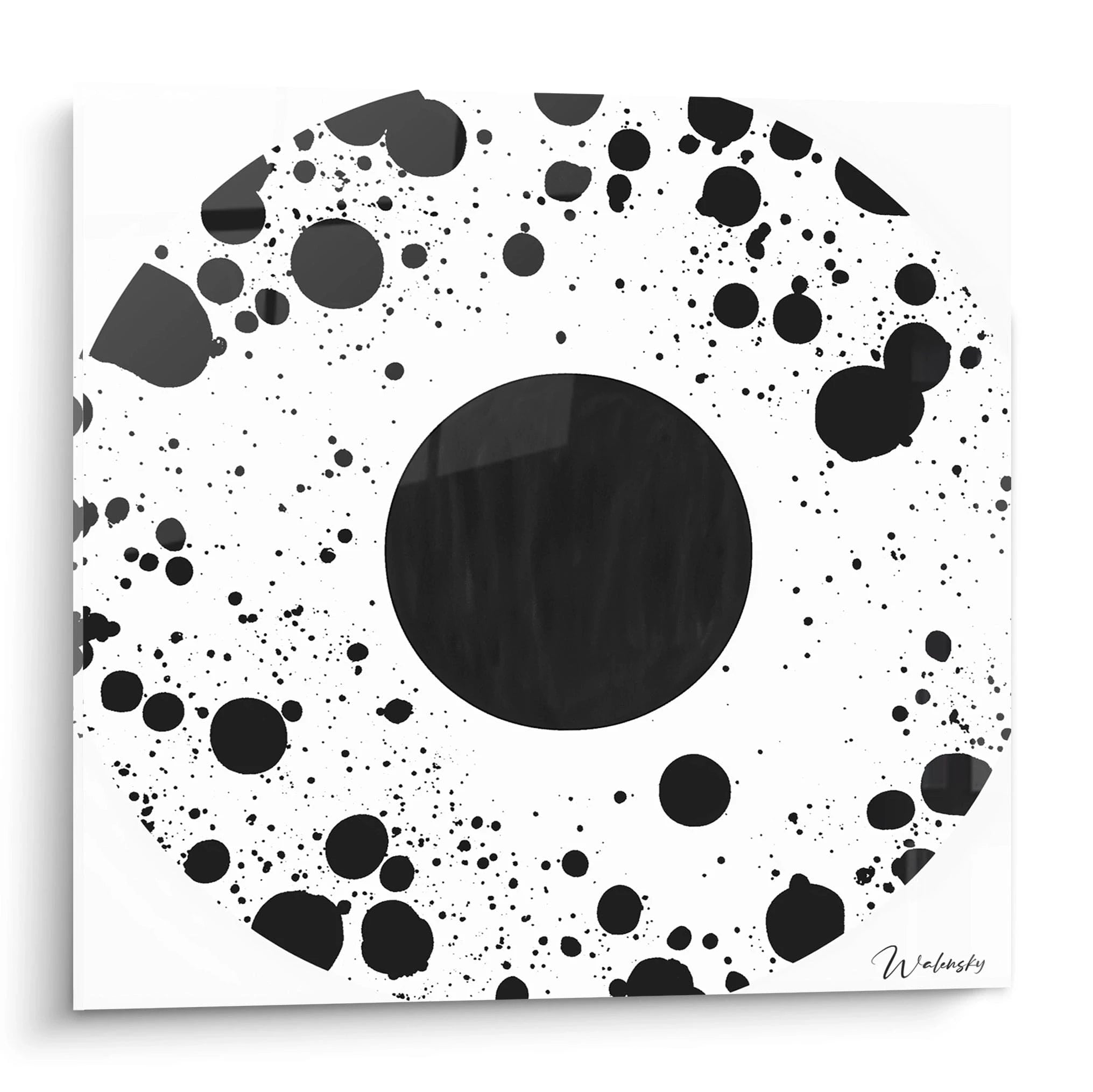 Tableau tacheté noir et blanc de Walensky avec motifs abstraits en cercles et taches