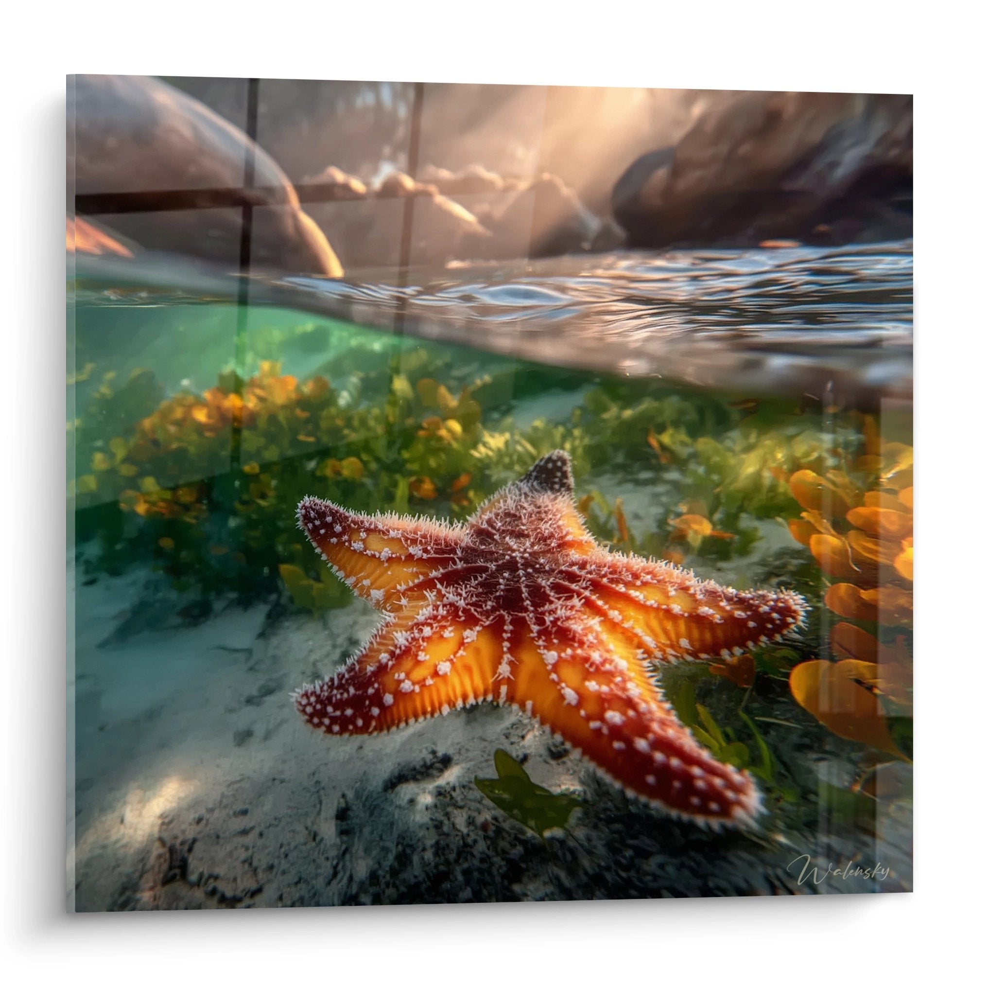 Tableau mural étoile de mer orange sous-marine avec algues vertes et rayons de soleil