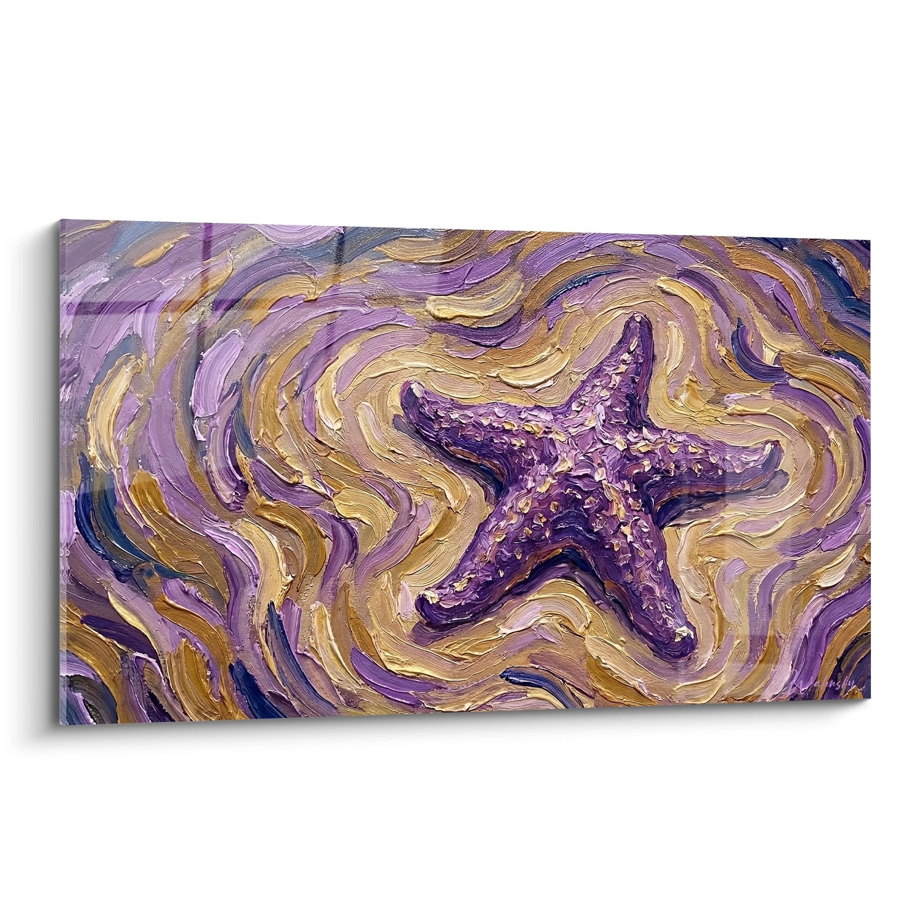Tableau étoile de mer violette sur tourbillons dorés et mauves, style post-impressionniste, art déco mural