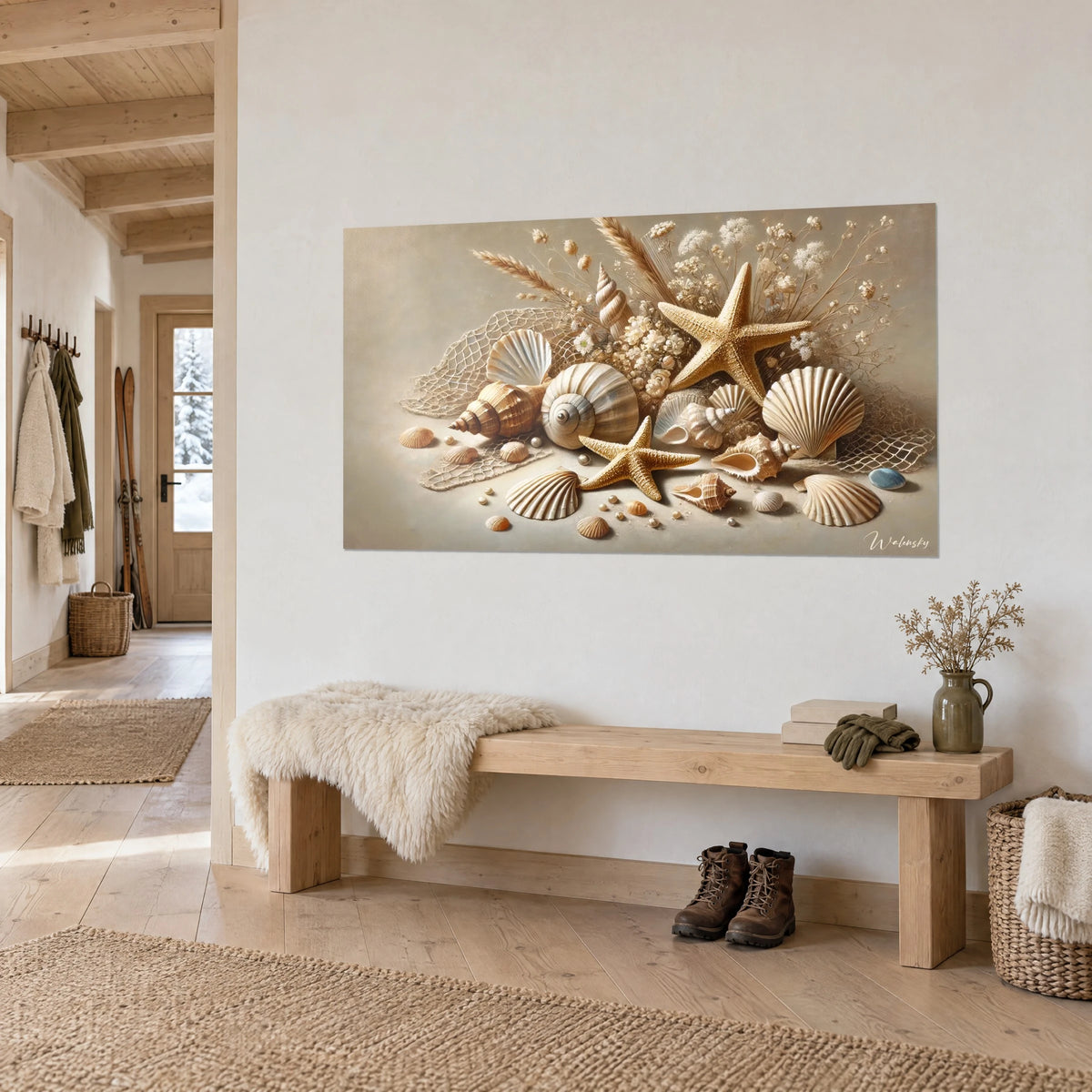 Wall art seascape still life: cream scallop shells, fishing net and white gypsophila, light wall of a wooden entryway