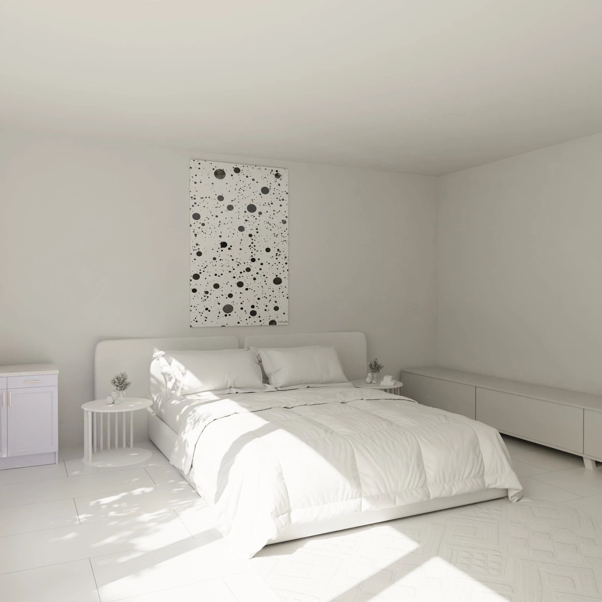 Tableau tacheté noir et blanc de Walensky décorant un mur dans une chambre minimaliste