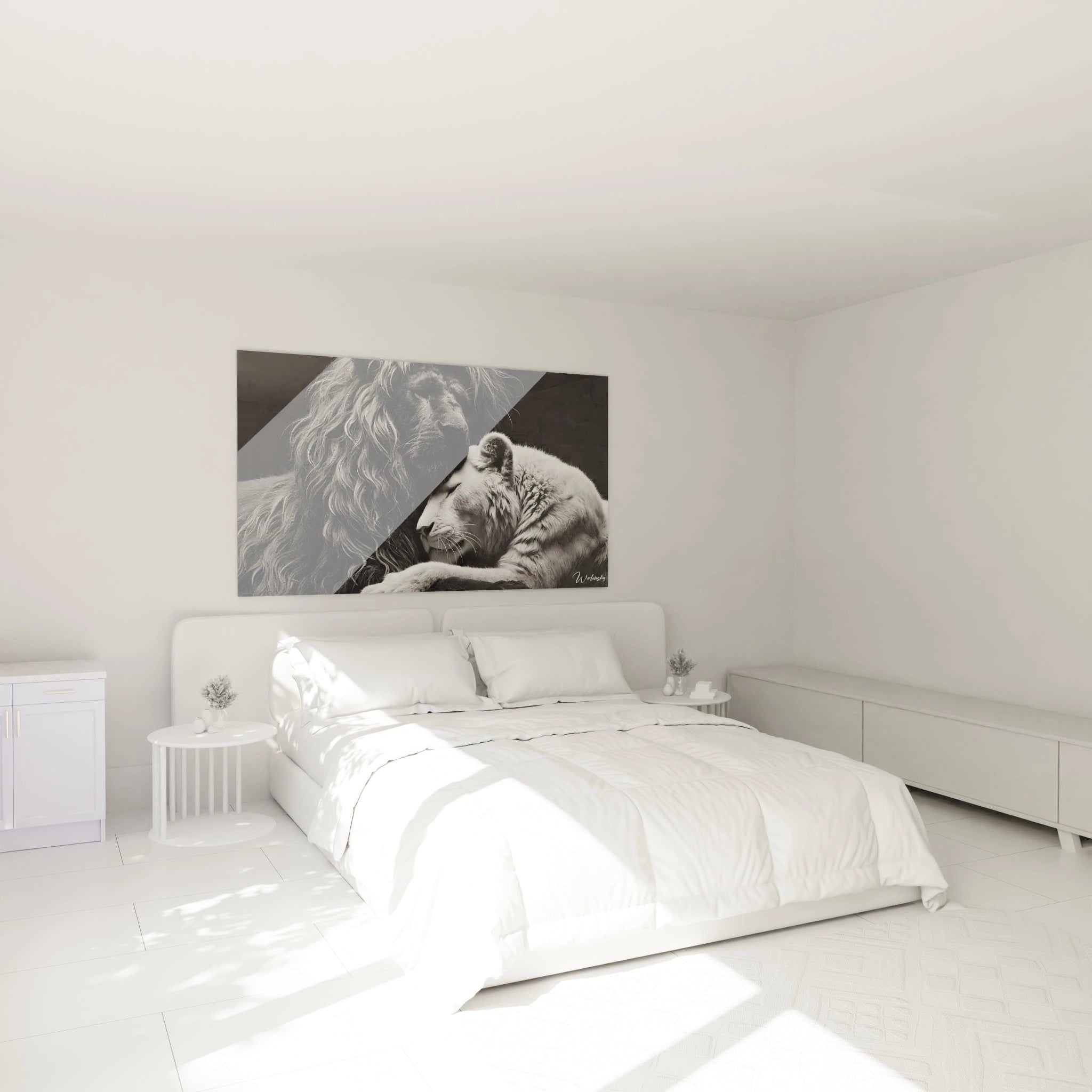 Ce tableau lion, accroché au-dessus du lit dans une chambre, incarne harmonie et sérénité. Les contrastes saisissants entre les lions noir et blanc en font une pièce maîtresse pour créer une ambiance apaisante.
