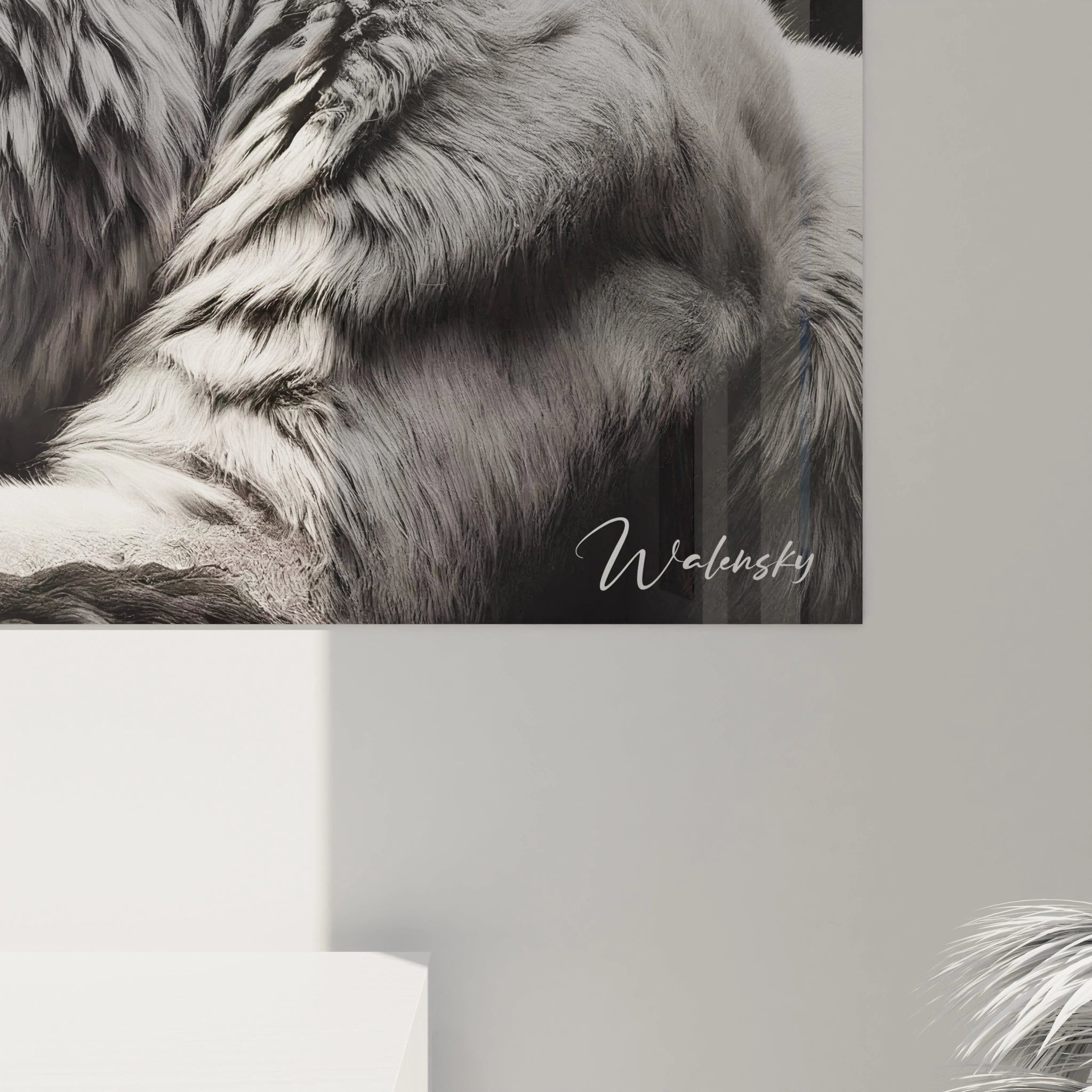 Admirez de près ce tableau lion qui capte chaque détail des lions avec précision. Les nuances contrastées des lions noir et blanc rendent cette œuvre captivante et pleine de profondeur émotionnelle.