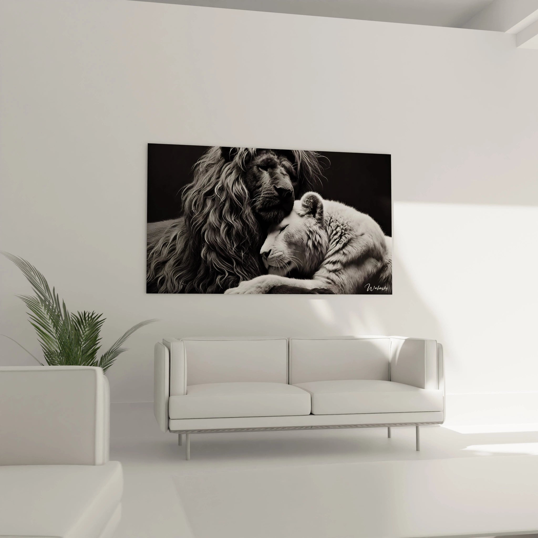 Sublimez votre salon avec ce tableau lion au-dessus du canapé. La scène intime entre les deux lions ajoute une note de majesté et de calme, parfaite pour un intérieur moderne et élégant.