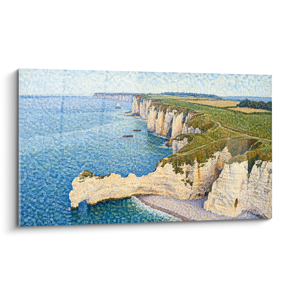 Falaise de craie blanche et mer bleu azur peintes en touches pointillistes, voilier blanc à l'horizon