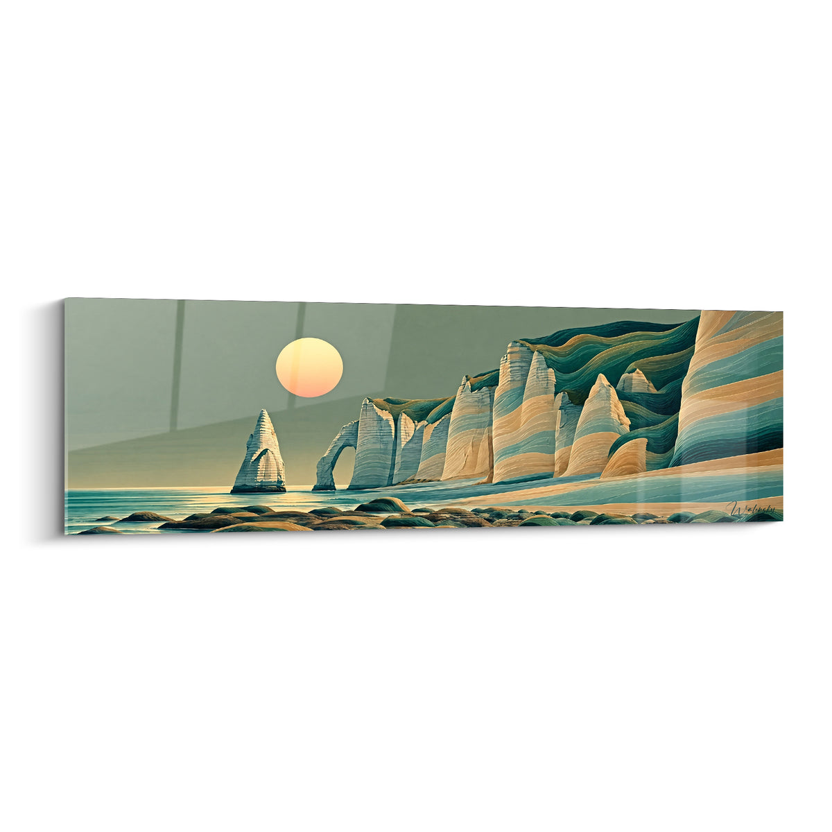 Falaises d'Étretat ocre et vert jade sculptées en strates sous un soleil pastel couchant