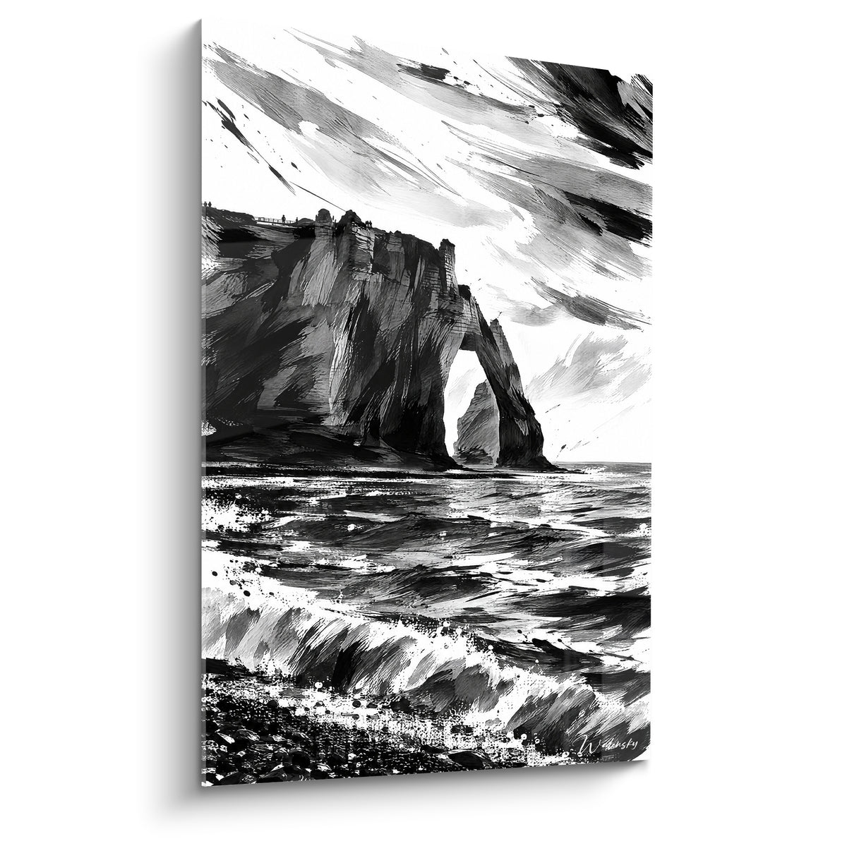 Falaise Étretat en noir et blanc, arche rocheuse grise, mer agitée et ciel balayé de traits sombres