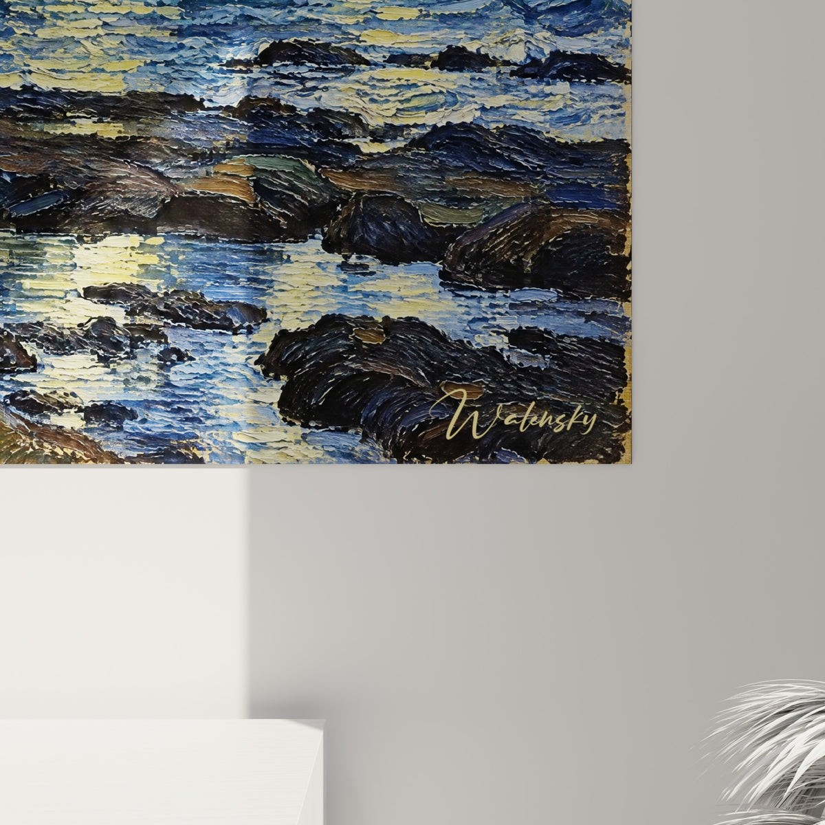 Gros détail des empâtements bleu marine et dorés révélant le relief épais de la peinture sur la toile