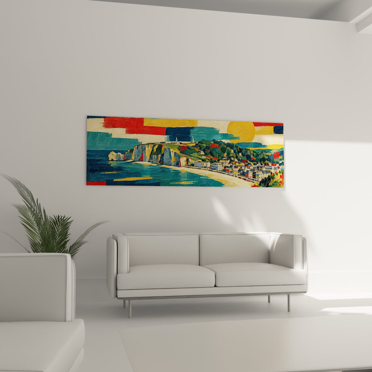 Plage et arche rocheuse d'Étretat en touches rouges et turquoise, au-dessus d'un canapé dans un salon lumineux