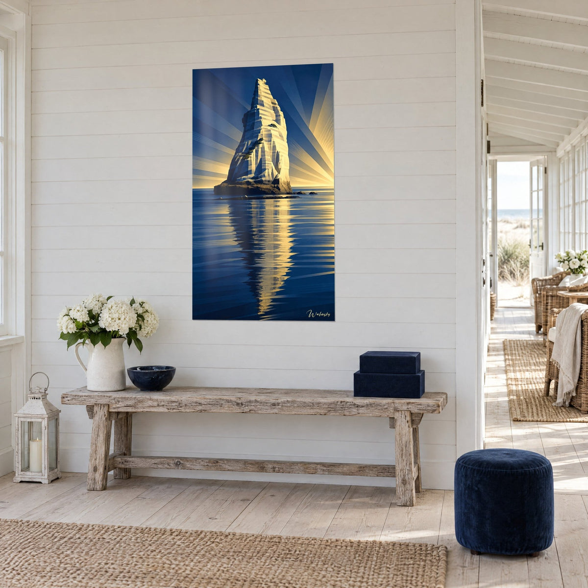 Wall art pyramid-shaped ivory rock with a golden reflection on indigo water, three-quarter view on a white wall, weathered wooden bench