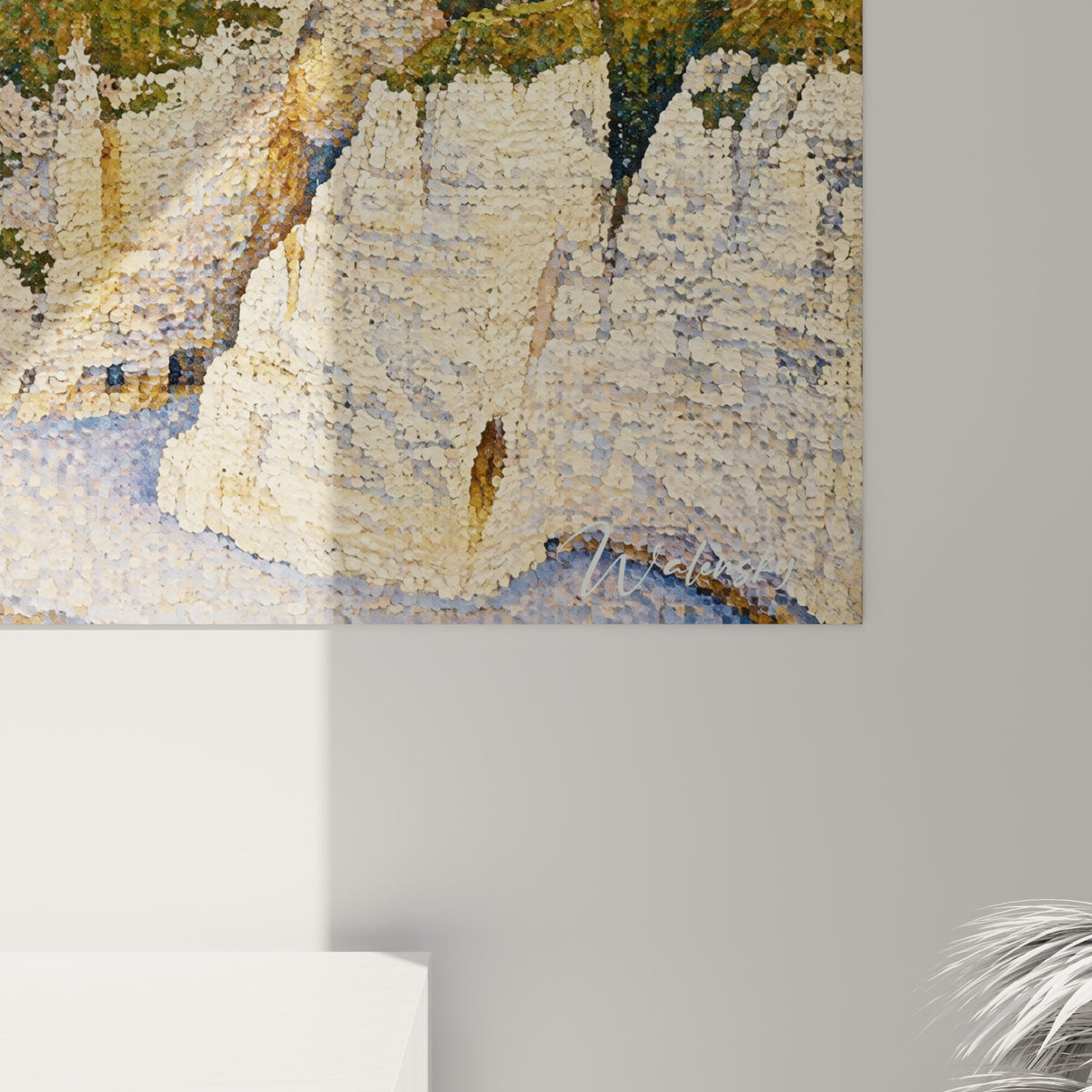 Grain pointilliste visible, touches bleu azur et blanc crayeux se mêlant sur la toile du littoral