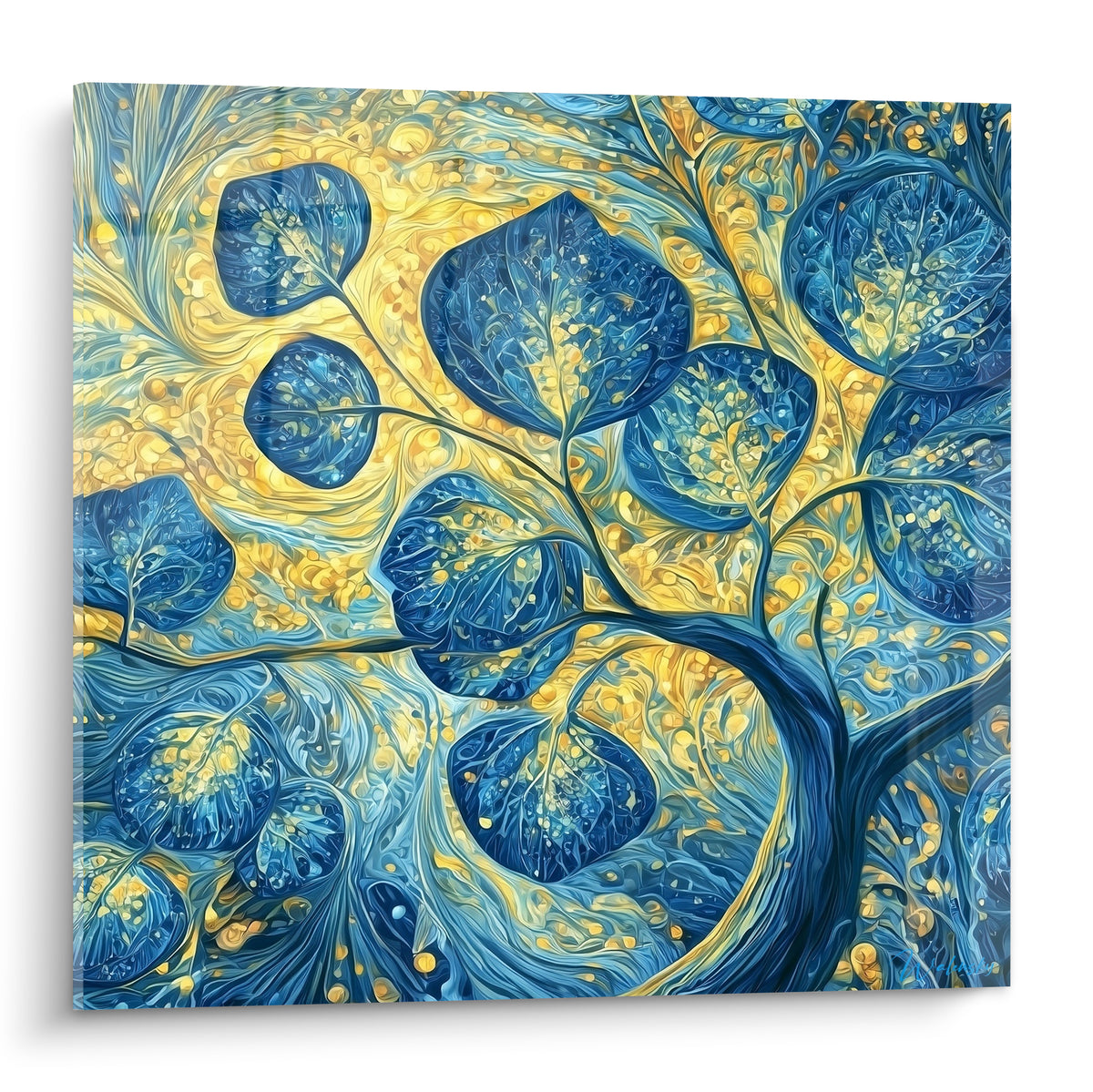 Eucalyptus bleu marine et doré, feuillage tourbillonnant en pleine lumière, style graphique intense