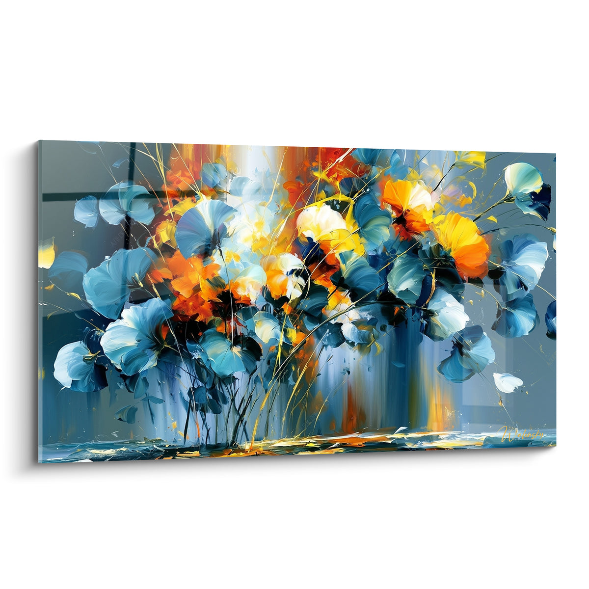 Bouquet abstrait bleu ardoise et orange vif aux pétales expressifs et filaments dorés lumineux