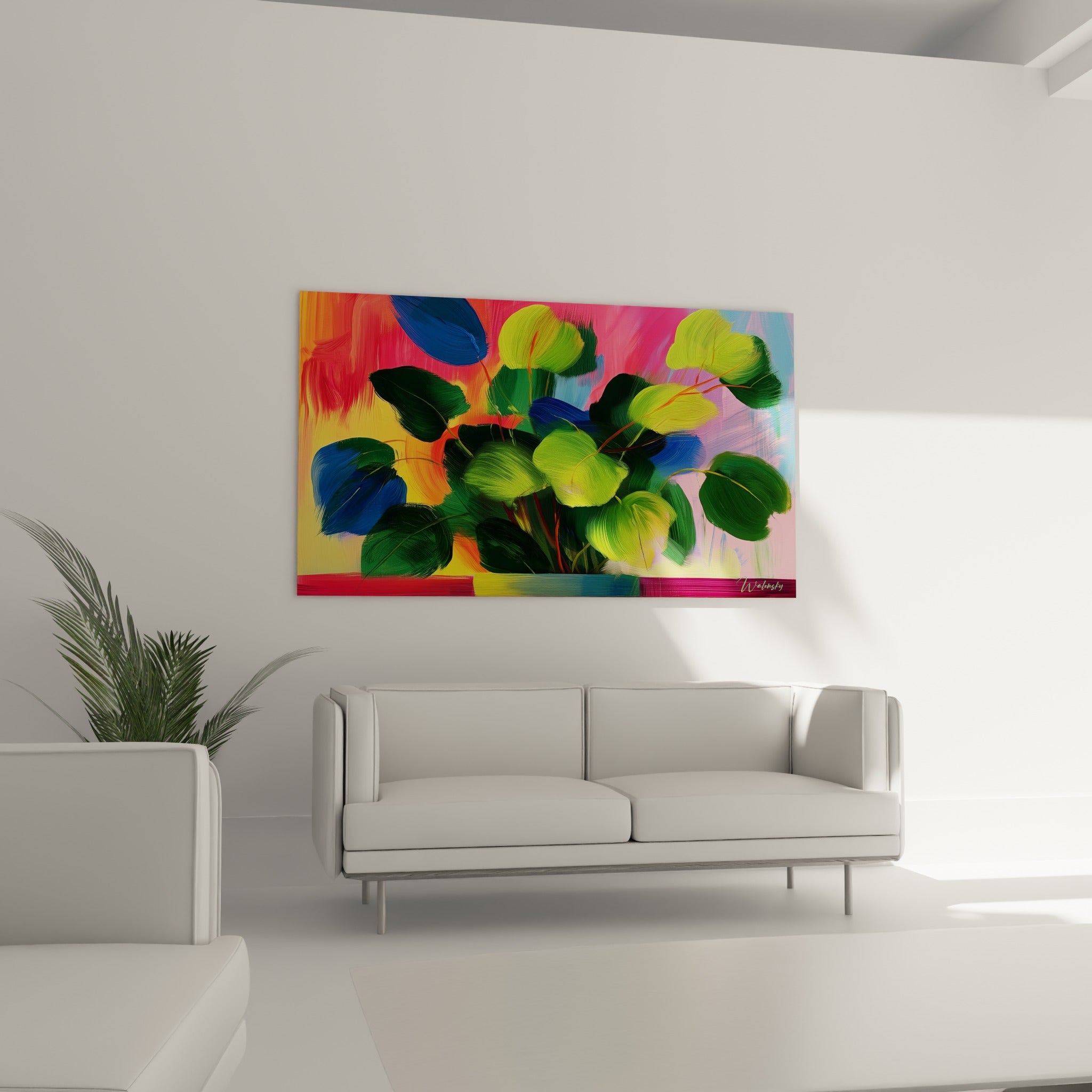 Bouquet vert anis et rose fuchsia d'Eucalyptus suspendu au-dessus d'un canapé dans un salon lumineux
