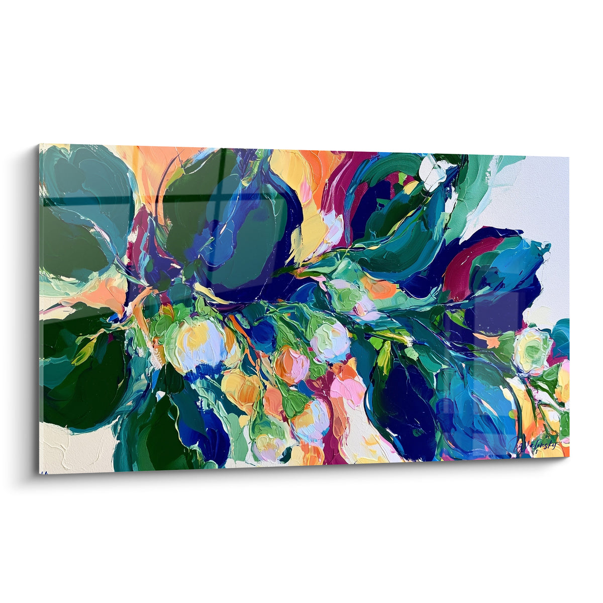 Bouquet Eucalyptus vert sauge et bleu marine, fleurs blanches et roses en peinture au couteau texturée
