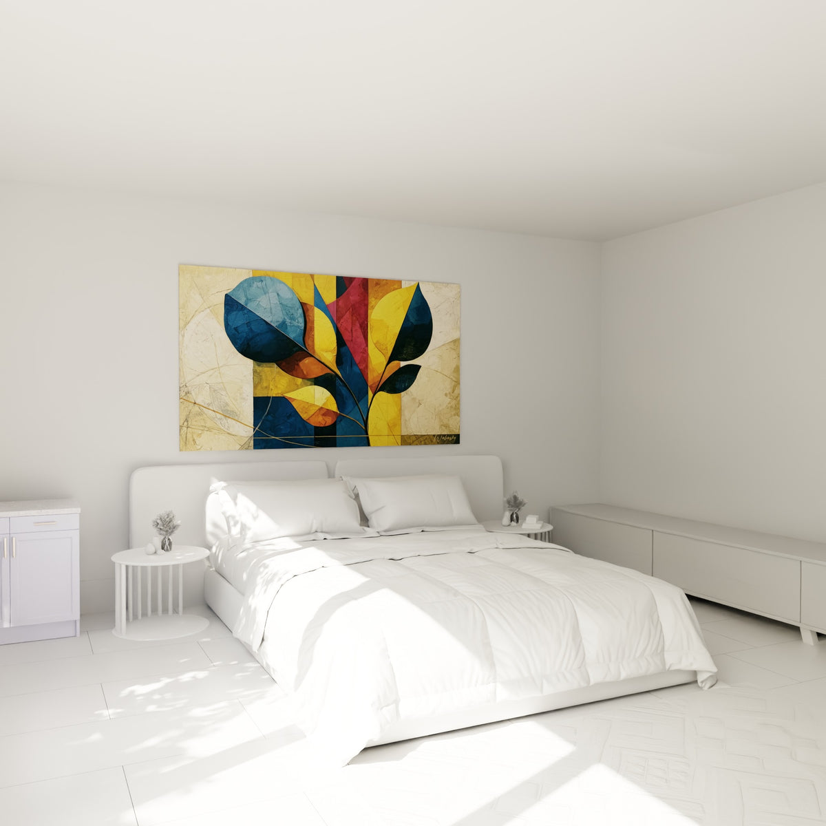 Branche d'Eucalyptus ocre et bleu marine accrochée au-dessus d'un lit dans une chambre claire