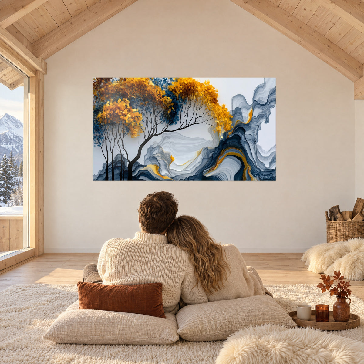 Tableau canopée d'or et de bleu, troncs noirs fins, ondulations grises et dorées, contemplé par un couple de dos sur des coussins